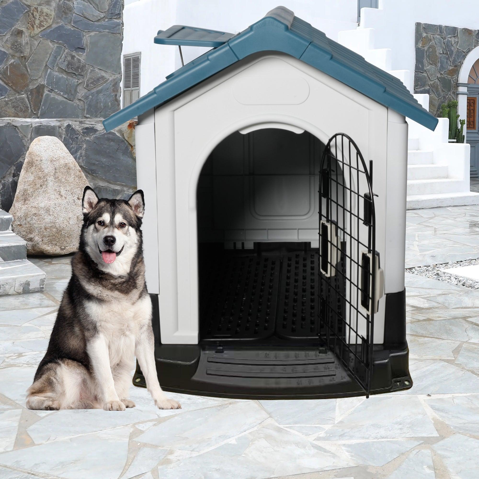 Outdoor Large Dog House Plastic Waterproof Kennel with Air Vents, 42.9"L x 40.5"W x 46.4"H, Blue Roof - Luckyermore