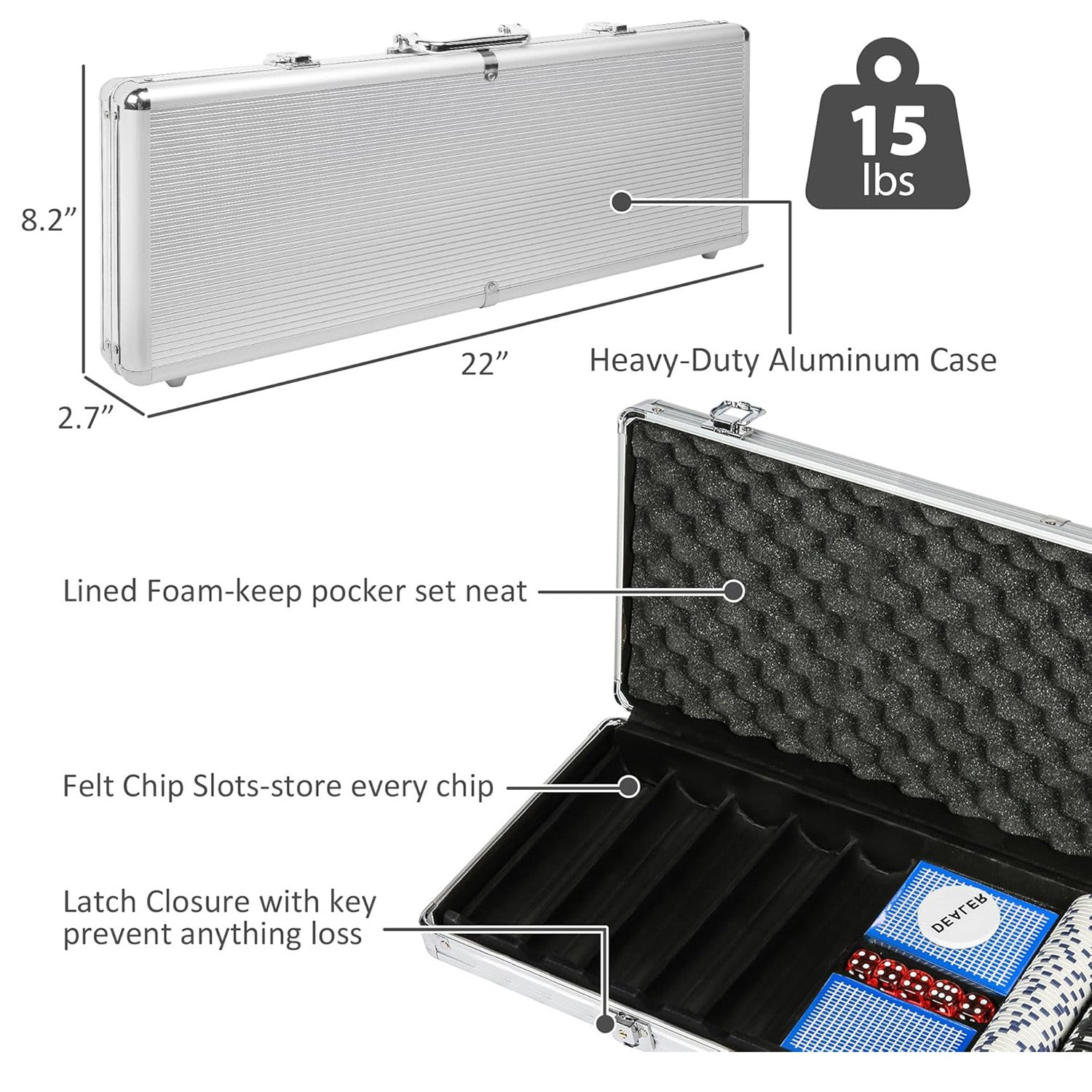 LUCKYERMORE 500pc 11.5g Poker Chip Set for Texas Holdem with Aluminum Case Clay Poker Chips Set