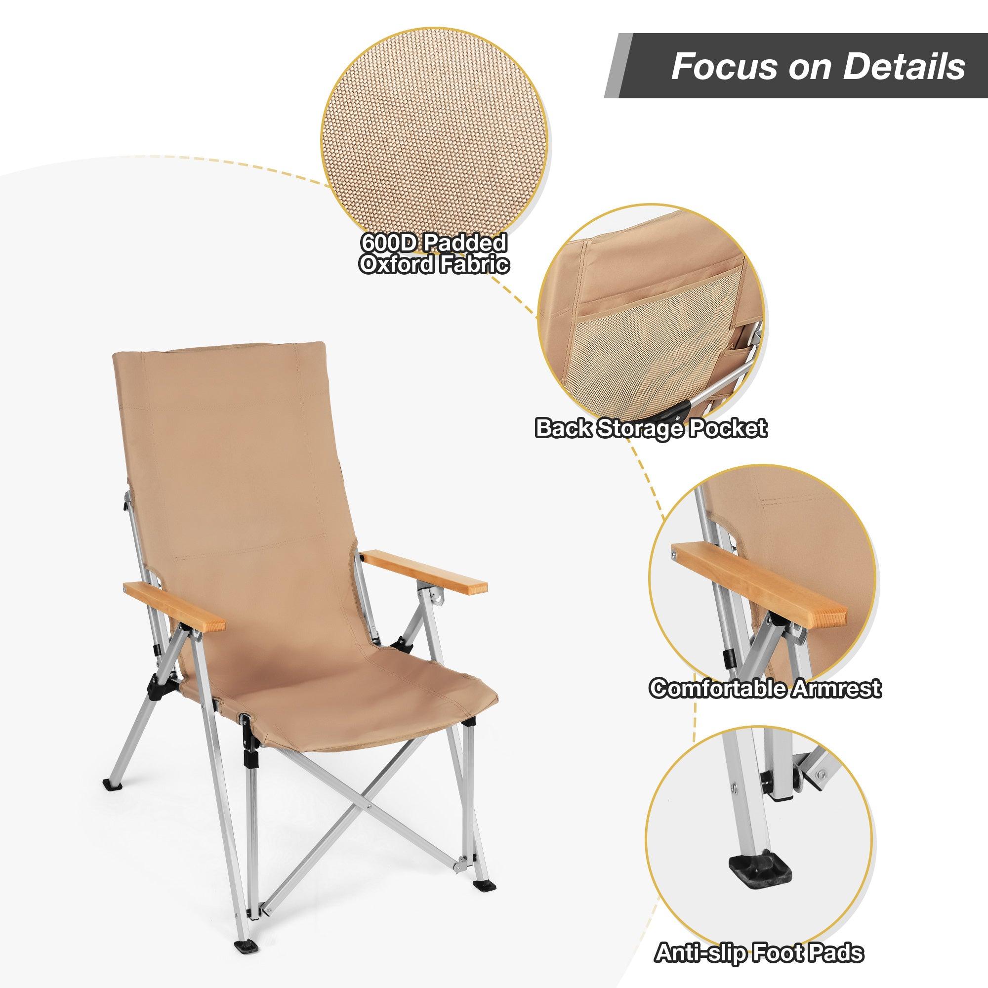 Portable Folding Camping Chair with 3 Positions Adjustable Wooden Armrest Aluminum Frame, Beige - Luckyermore