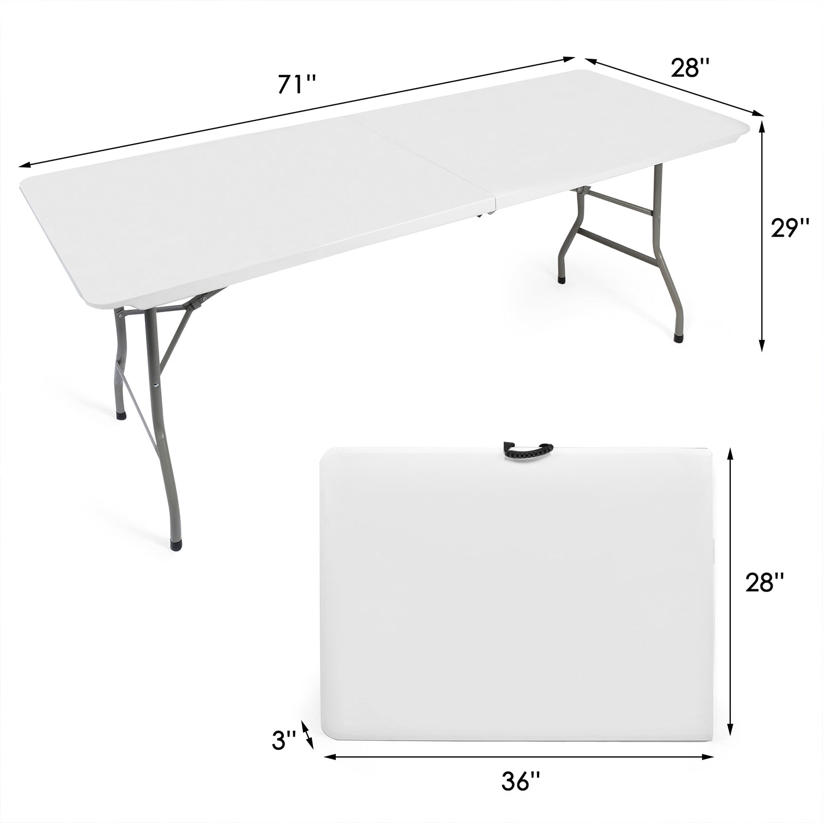6ft Portable Folding Plastic Table for 6-8 Picnic Dining Table 71" with Carry Handle, White