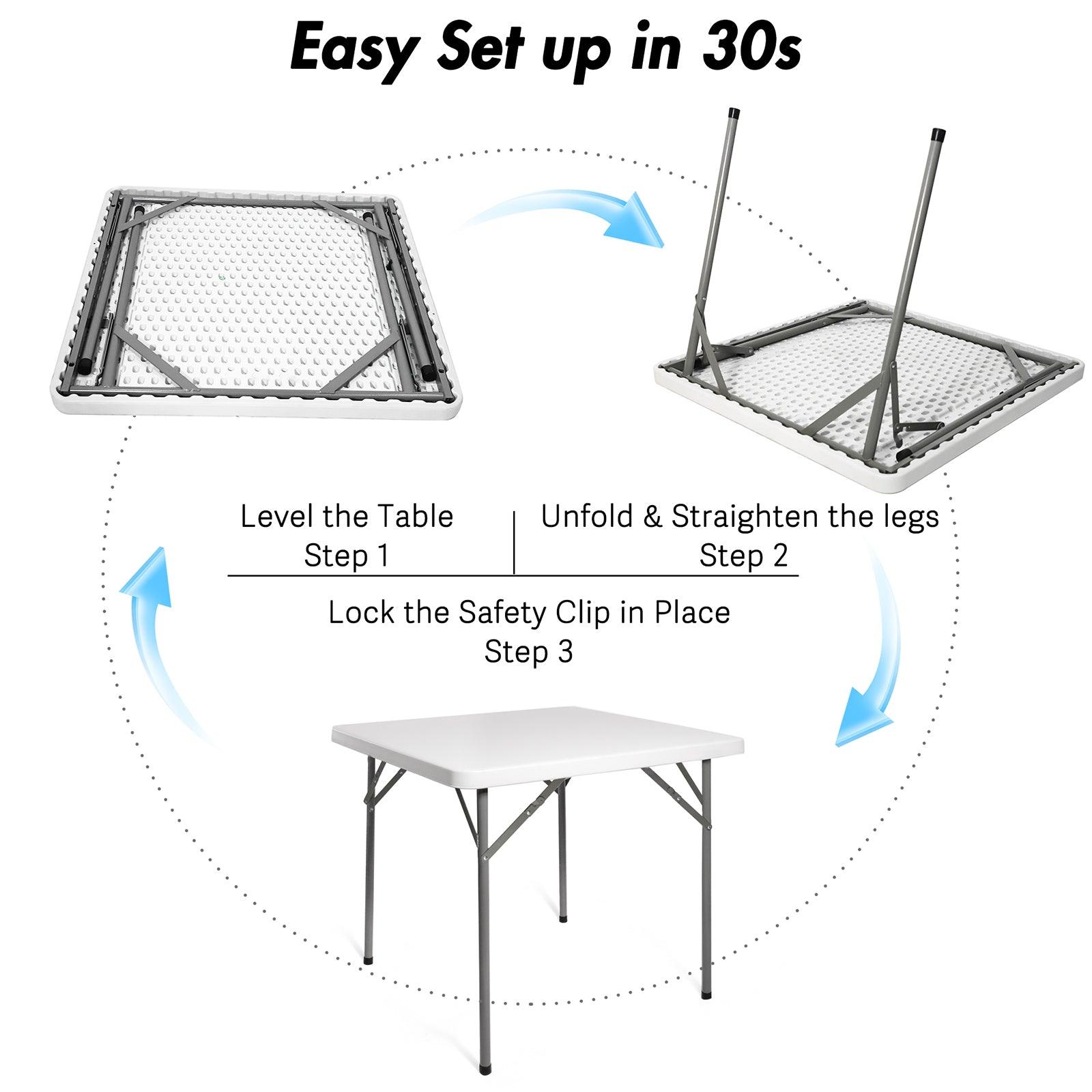 LUCKYERMORE 34" Portable Folding Plastic Square Table for 4 Picnic Dining Table with Carry Handle, White