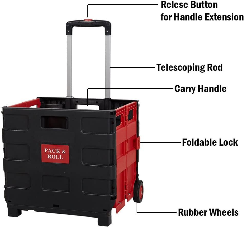 LUCKYERMORE 55lbs Collapsible Rolling Crate Transit Utility Cart Foldable Grocery Cart with Wheels, Red