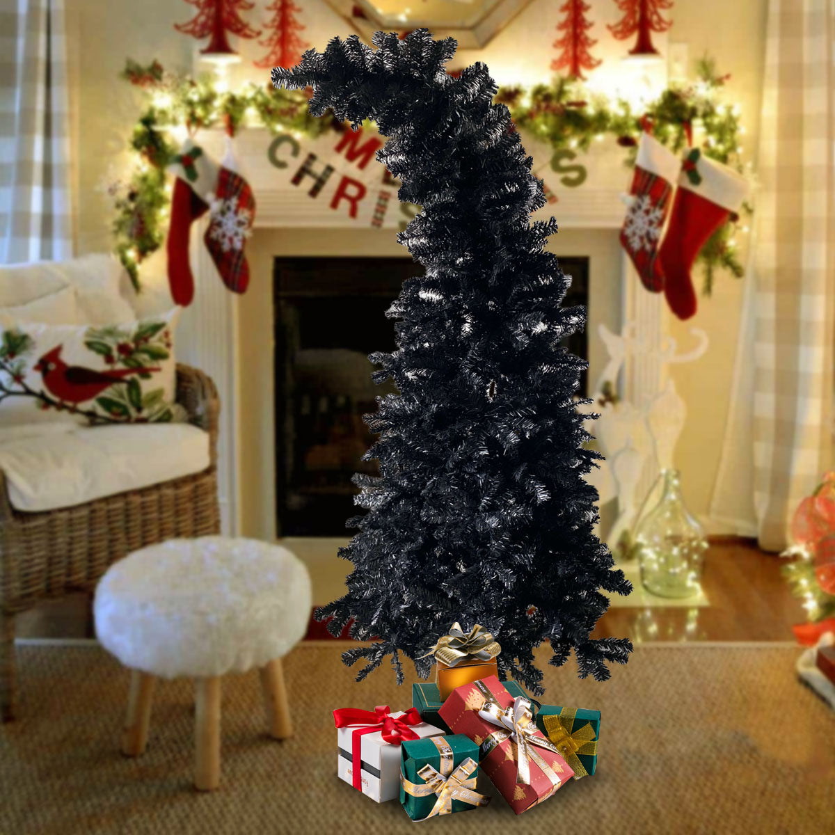 6.9ft Black Artificial Christmas Tree Xmas Halloween Tree with Crooked Top 1050 Branch Tips