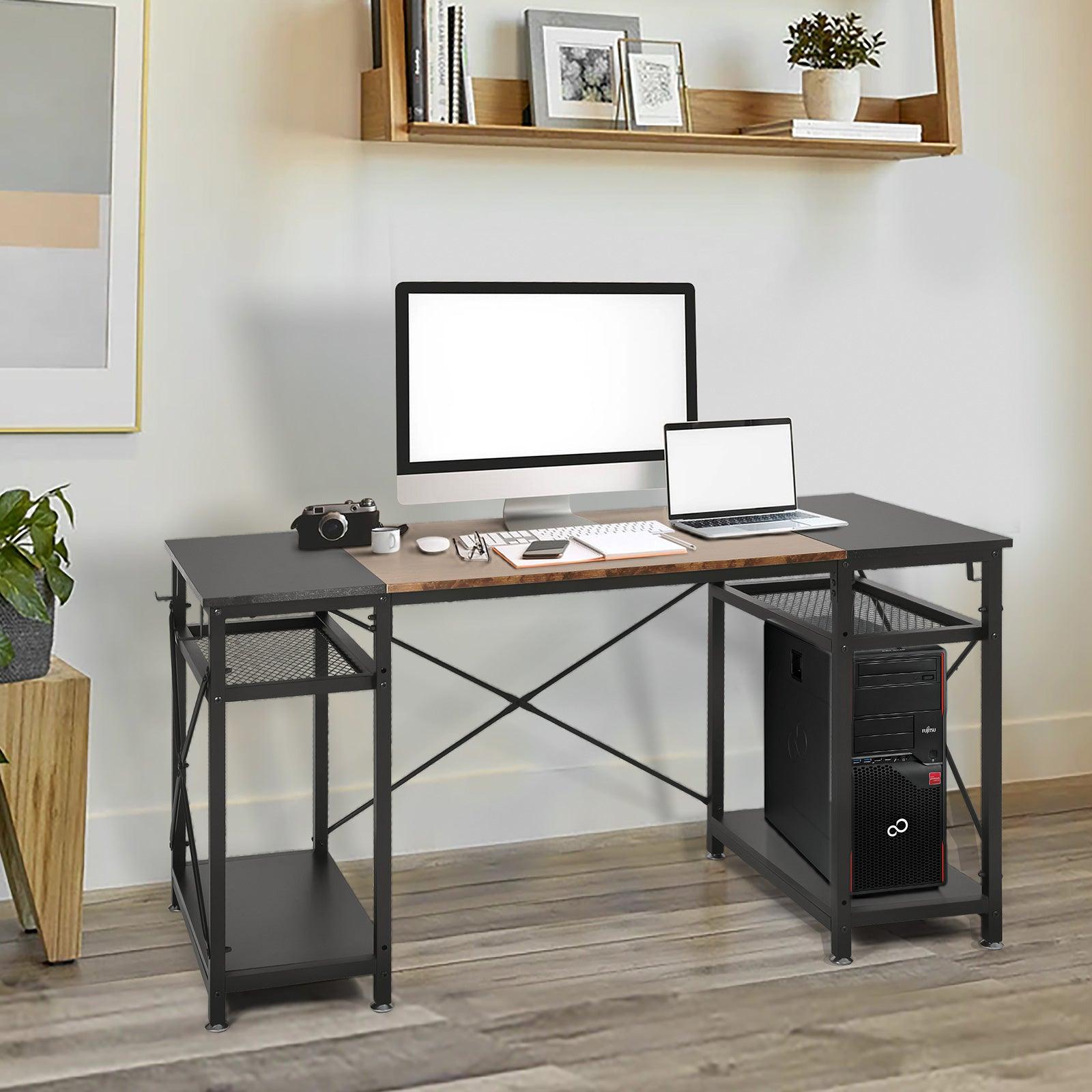 47.2" Home Office Computer Desk with Storage Shelves and 4 Hooks, Rustic and Black - Luckyermore