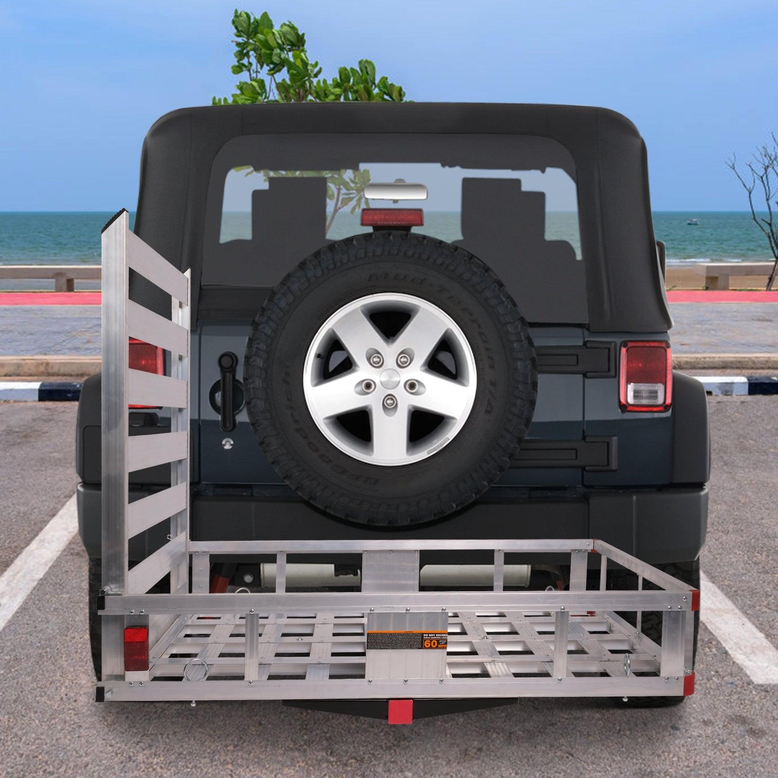 LUCKYERMORE 50"x 29.7" Hitch Mount Cargo Carrier Trailer Aluminum Utility Basket with 41.5" Folding Wheelchair Ramp, Silver