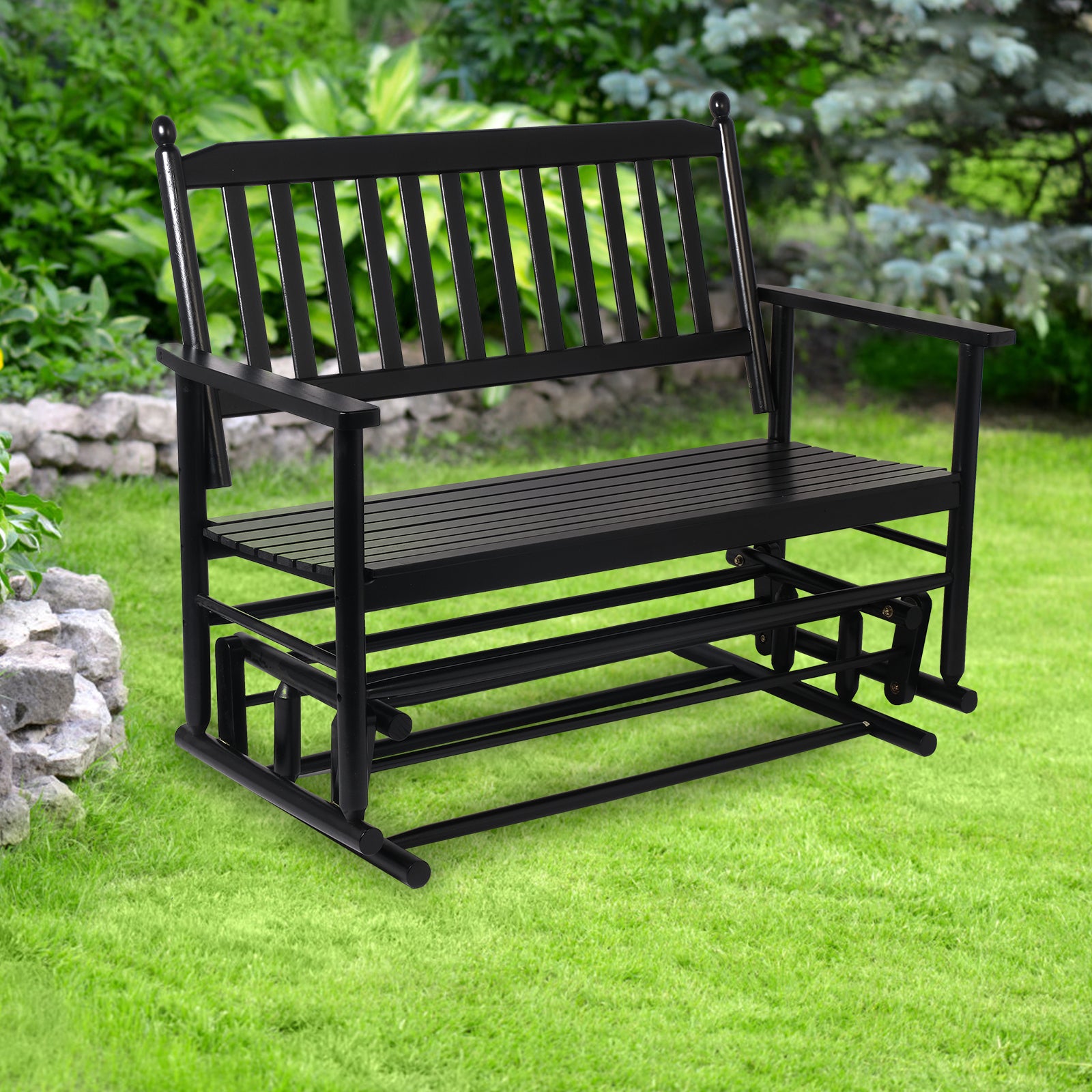 Outdoor Patio Swing Glider Bench 2-Person Wooden Rocking Bench Outdoor Seating Chairs, Black