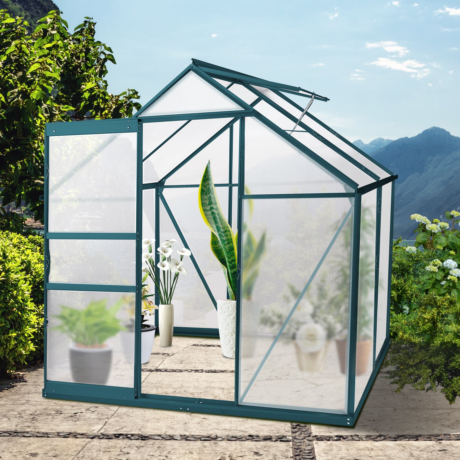 6x4 ft Walk-in Outdoor Greenhouse with Sliding Door, Vent Window, Rain Gutter
