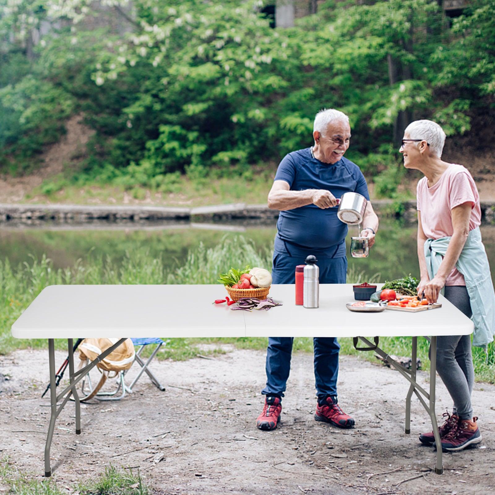 LUCKYERMORE 8ft Portable Folding Plastic Table for 8-10 Picnic Dining Table 96" with Carry Handle, White