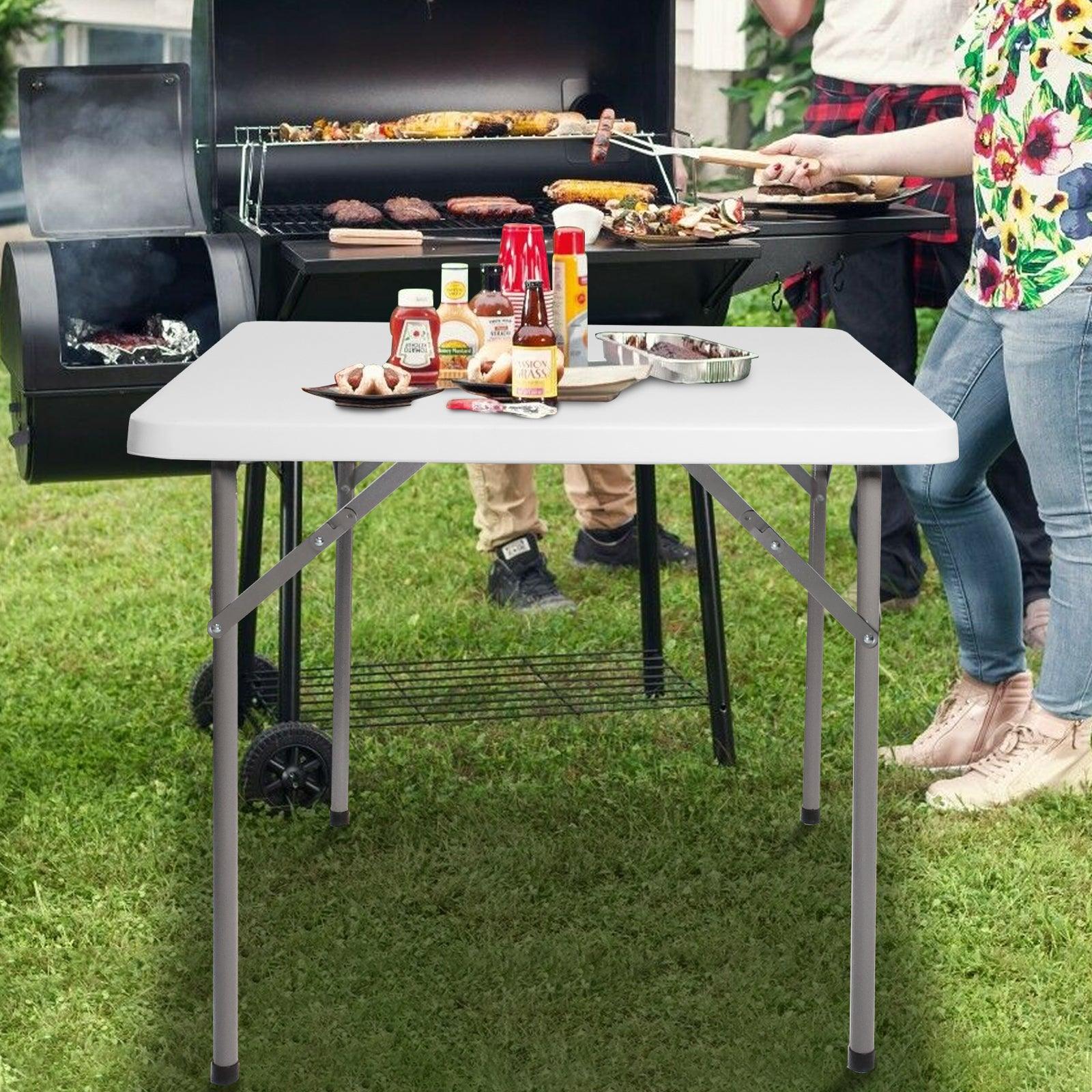 LUCKYERMORE 34" Portable Folding Plastic Square Table for 4 Picnic Dining Table with Carry Handle, White