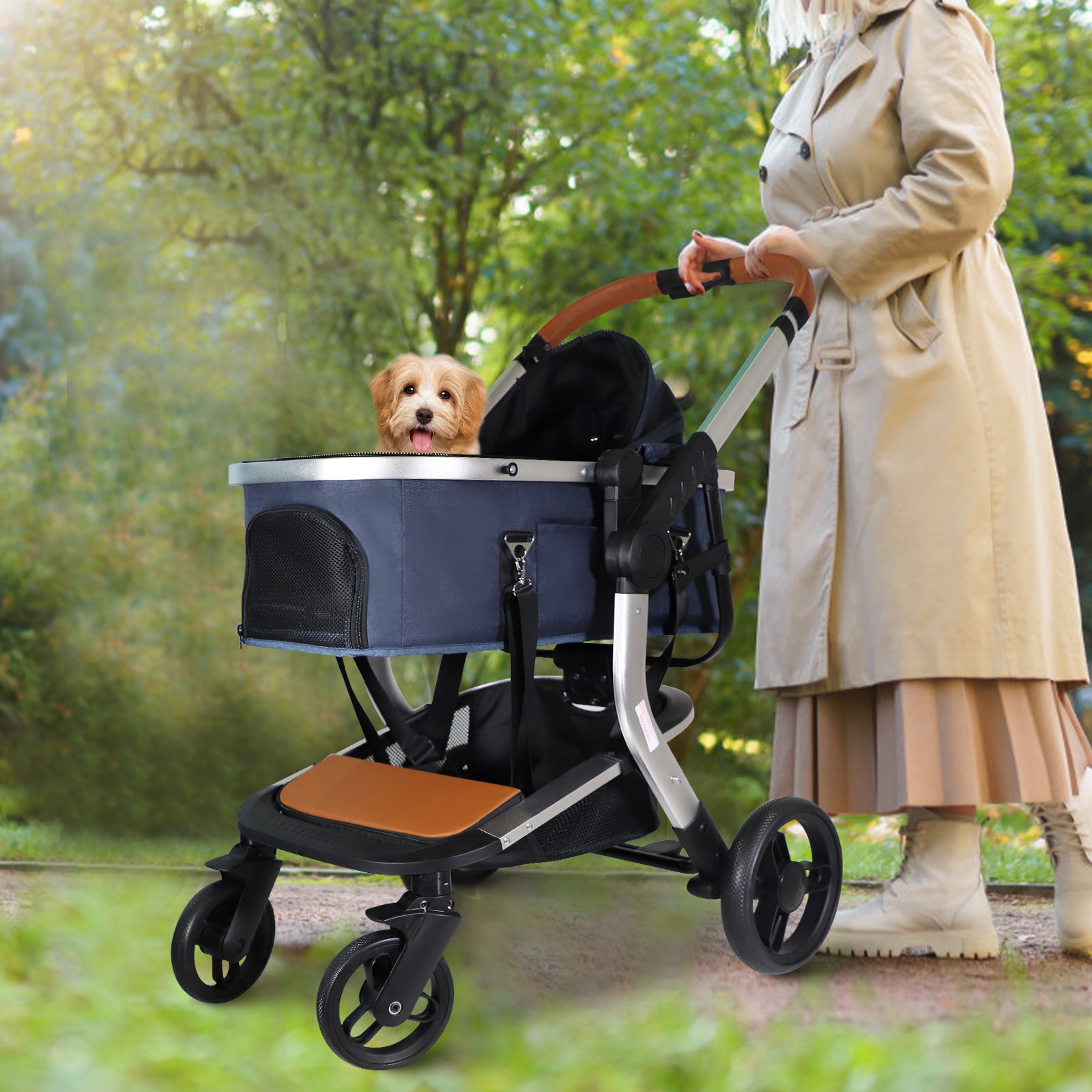 3 in 1 Travel Dog Stroller Pet Carrier with Detachable Carrier & Adjustable Handle, Blue