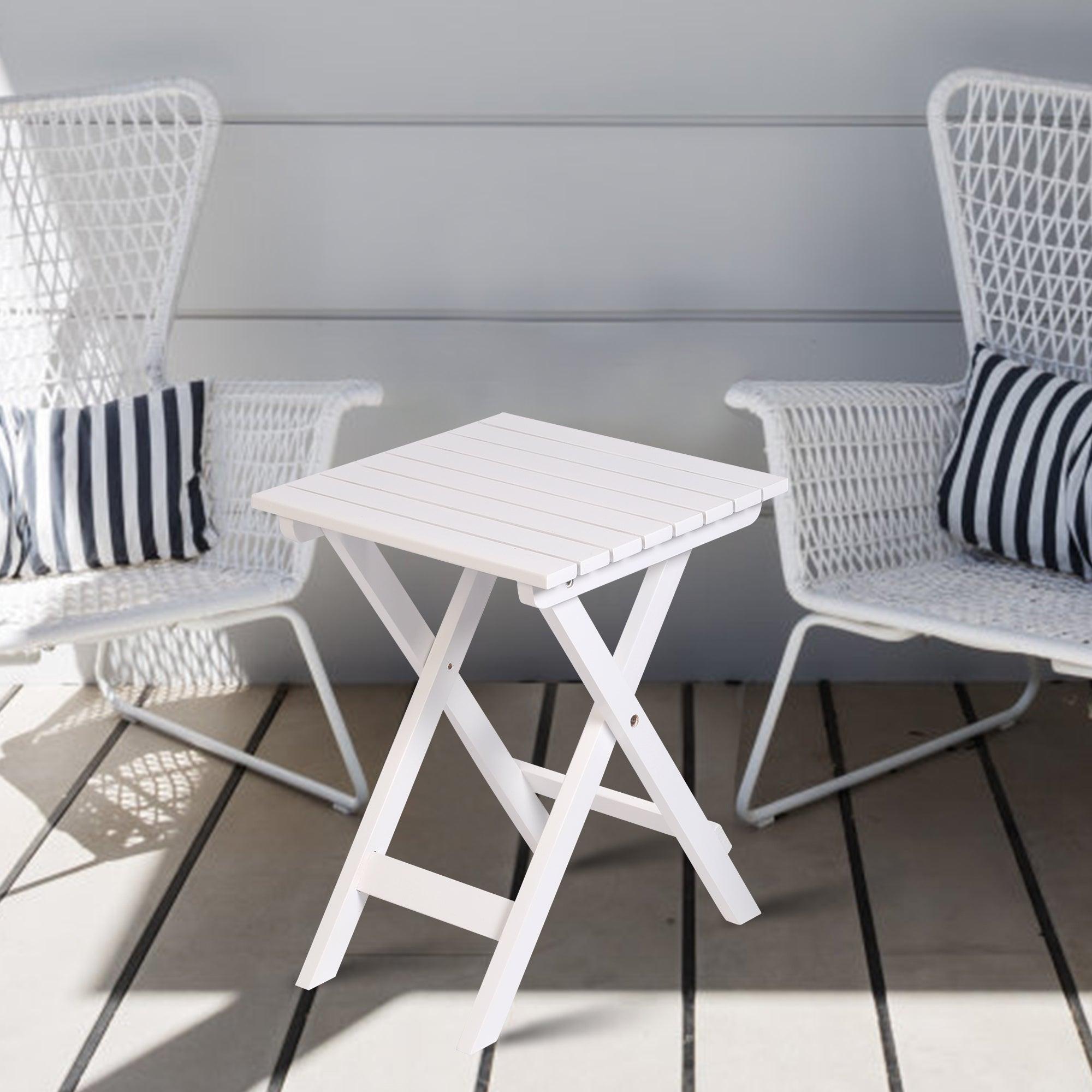 LUCKYERMORE 13.7" Square Outdoor Patio Folding Side Table Wood Portable End Table, White