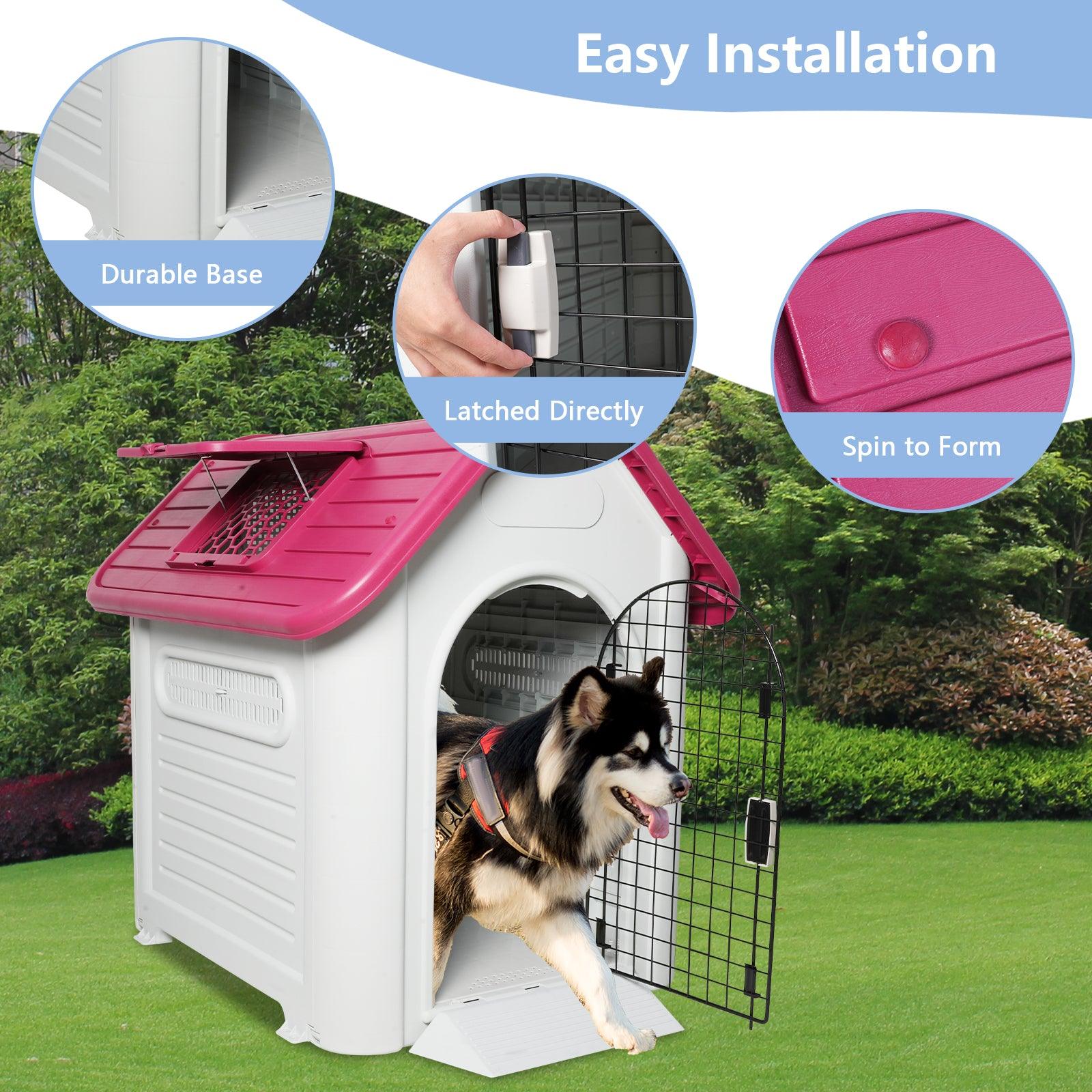 Outdoor Dog House Plastic Waterproof Kennel with Air Vents, 42"L x 33"W x 38"H, Red Roof