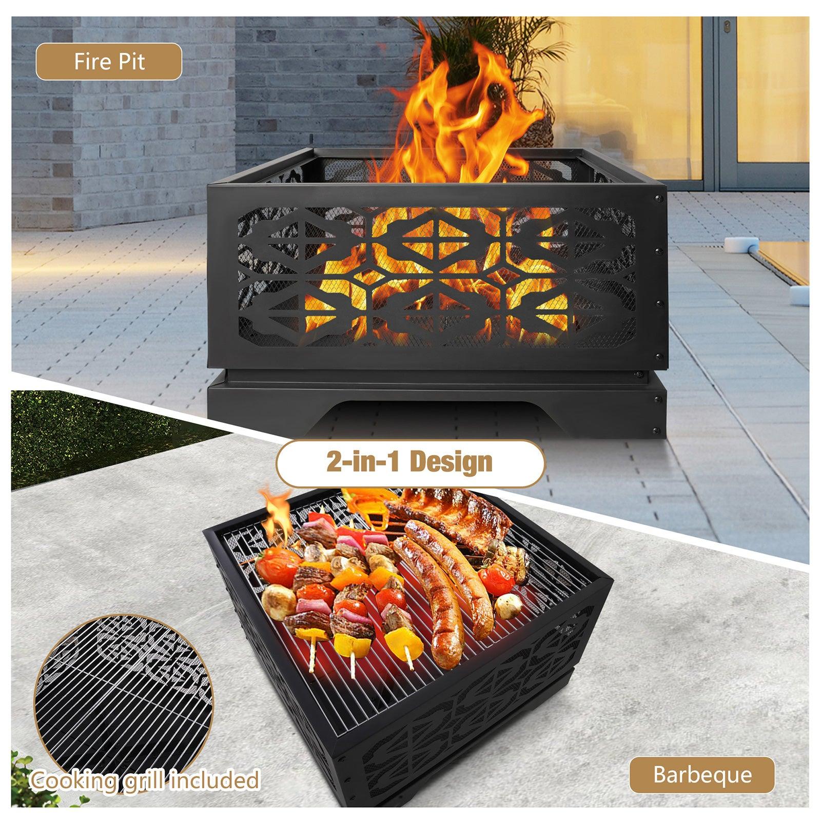 26" Square Outdoor Wood Burning Fire Pit with Steel BBQ Grill, Spark Screen and Poker