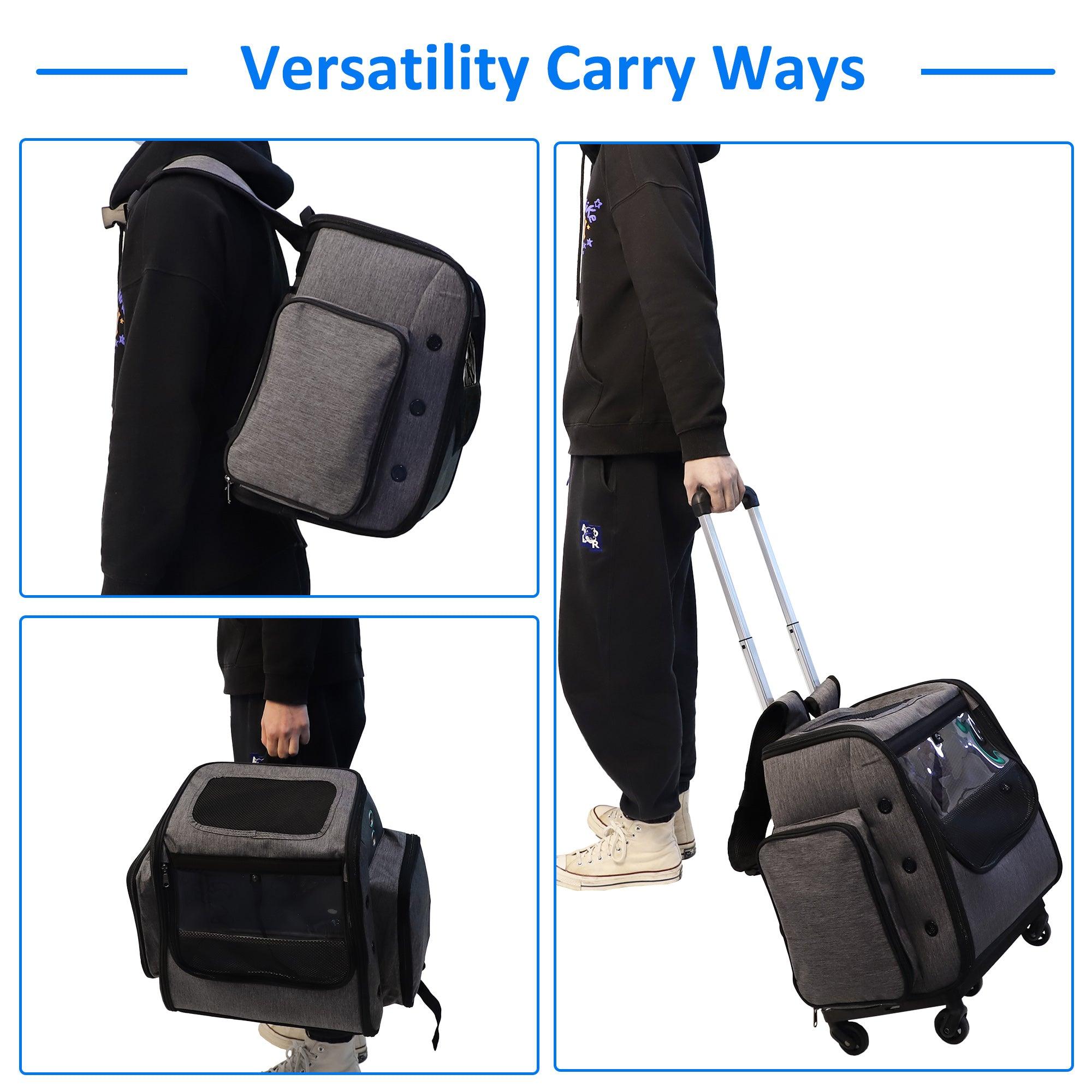 Pet Backpack with Wheels Dog Cat Travel Carrier Bag with Telescopic Handle, Gray - Luckyermore