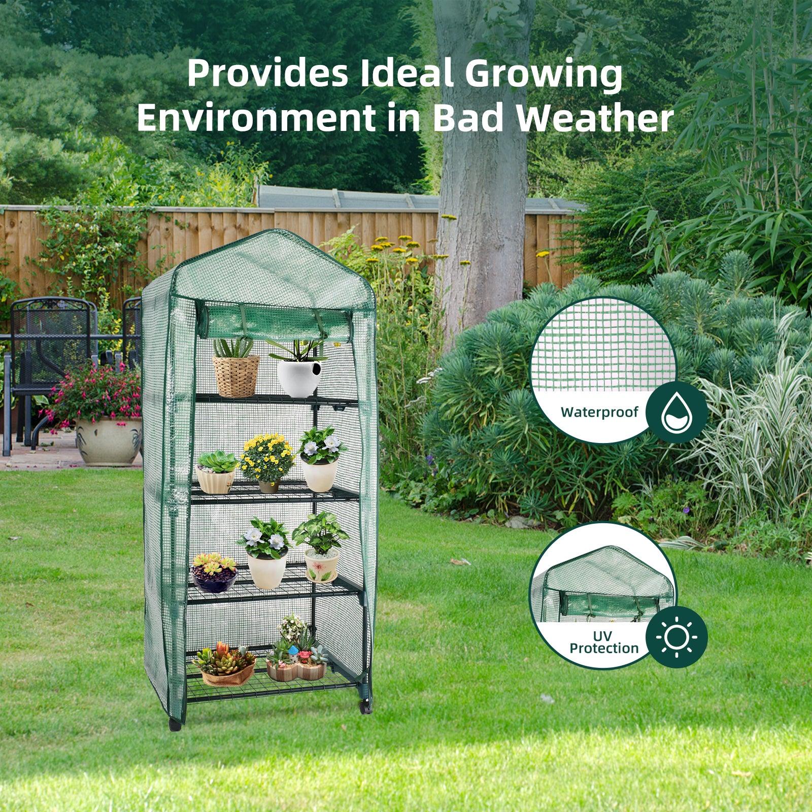 4 Tiers Mini Greenhouse with Caster Wheels Portable Outdoor Planter House