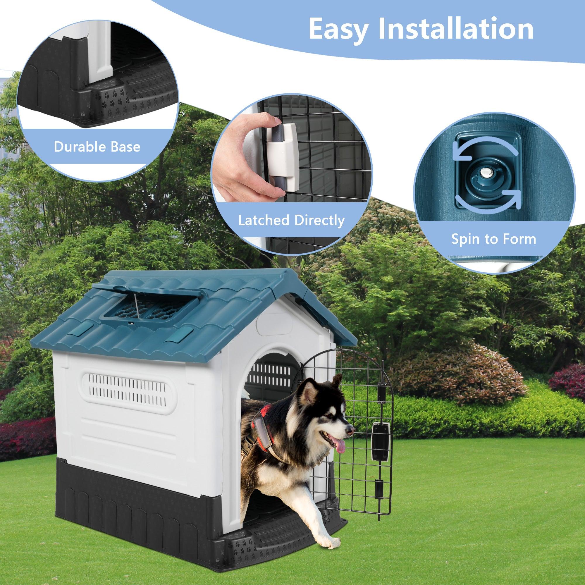 Outdoor Large Dog House Plastic Waterproof Kennel with Air Vents, 42.9"L x 40.5"W x 46.4"H, Blue Roof - Luckyermore