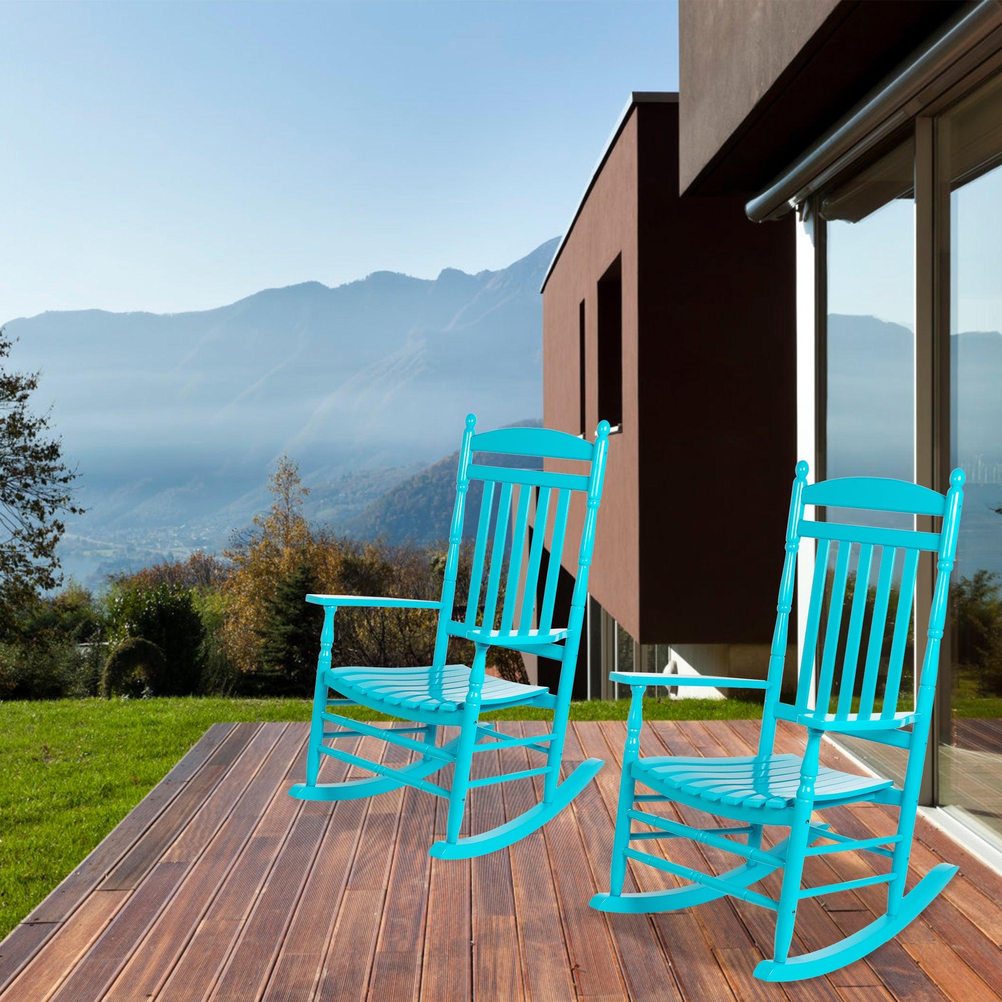 LUCKYERMORE Set of 2 Outdoor Rocking Chairs Wooden High Back Rocker with Armrest for Garden Patio, Blue