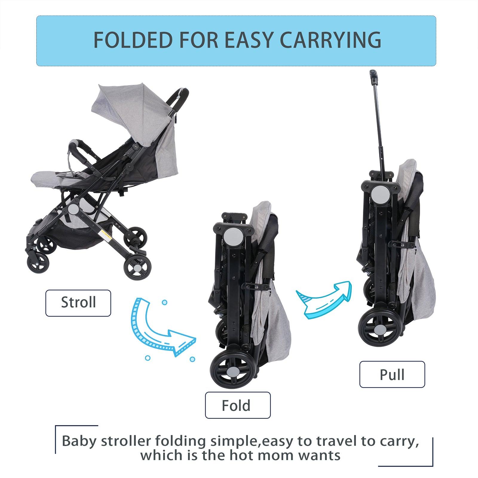 Lightweight Foldable Baby Stroller One-Hand Fold Pushchair with Adjustable Backrest, Gray - Luckyermore