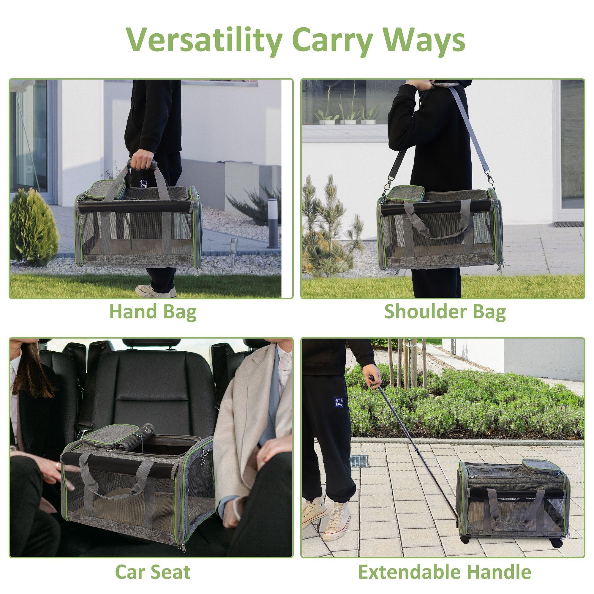 Folding Pet Carrier with Wheels Dog Cat Travel Carrier with Telescopic Handle, Gray - Luckyermore