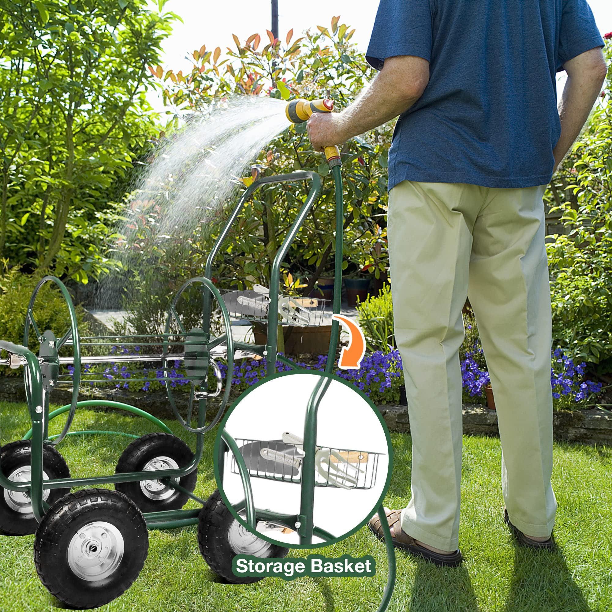 Portable Garden Hose Reel Cart with Wheels with Storage Basket Rust Resistant Water Hose Holder - Luckyermore