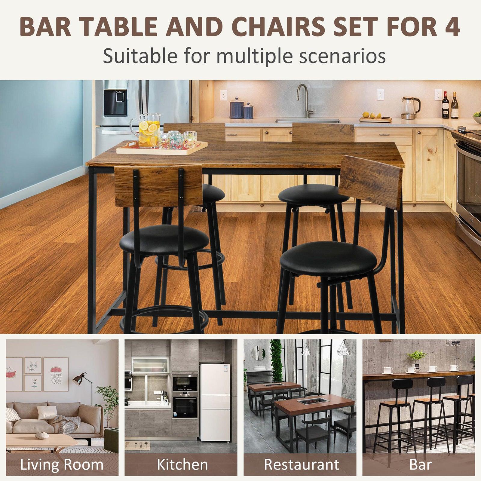 5 Piece Dining Bar Table Set, 1 Bar Table 47.3" for 4 with 4 Upholstered Bar Stools