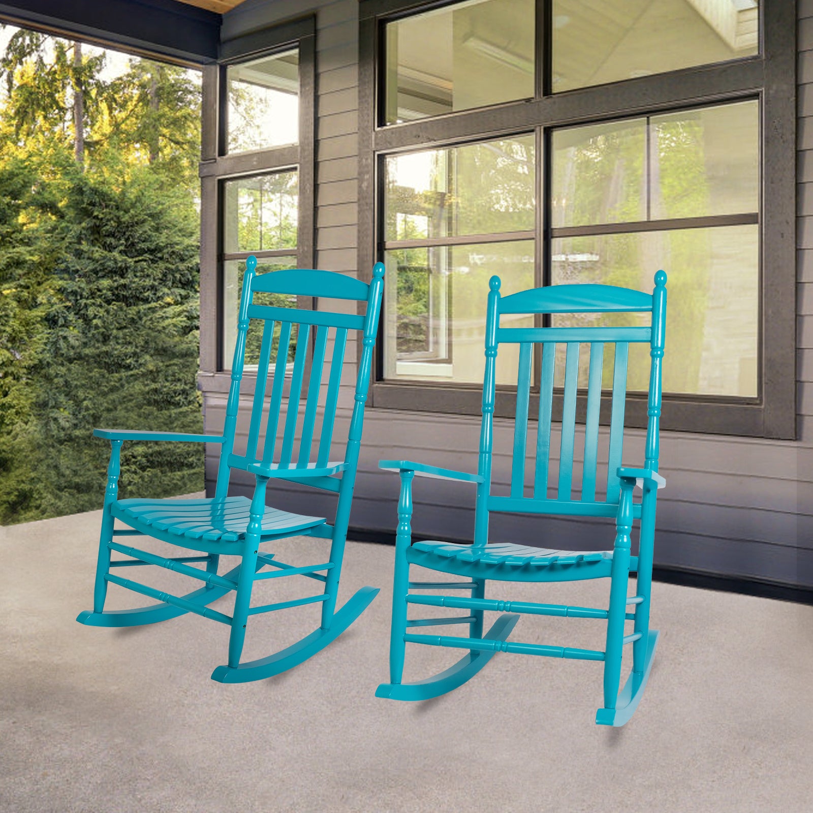 Set of 2 Outdoor Rocking Chairs Wooden High Back Rocker with Armrest for Garden Patio, Blue