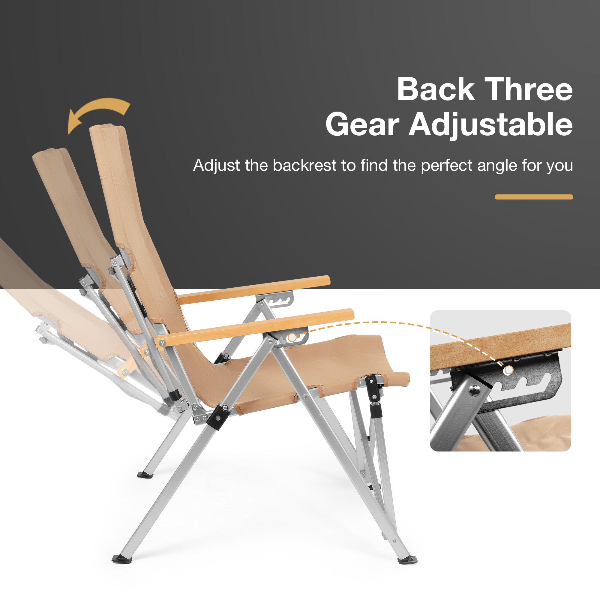 Portable Folding Camping Chair with 3 Positions Adjustable Wooden Armrest Aluminum Frame, Beige