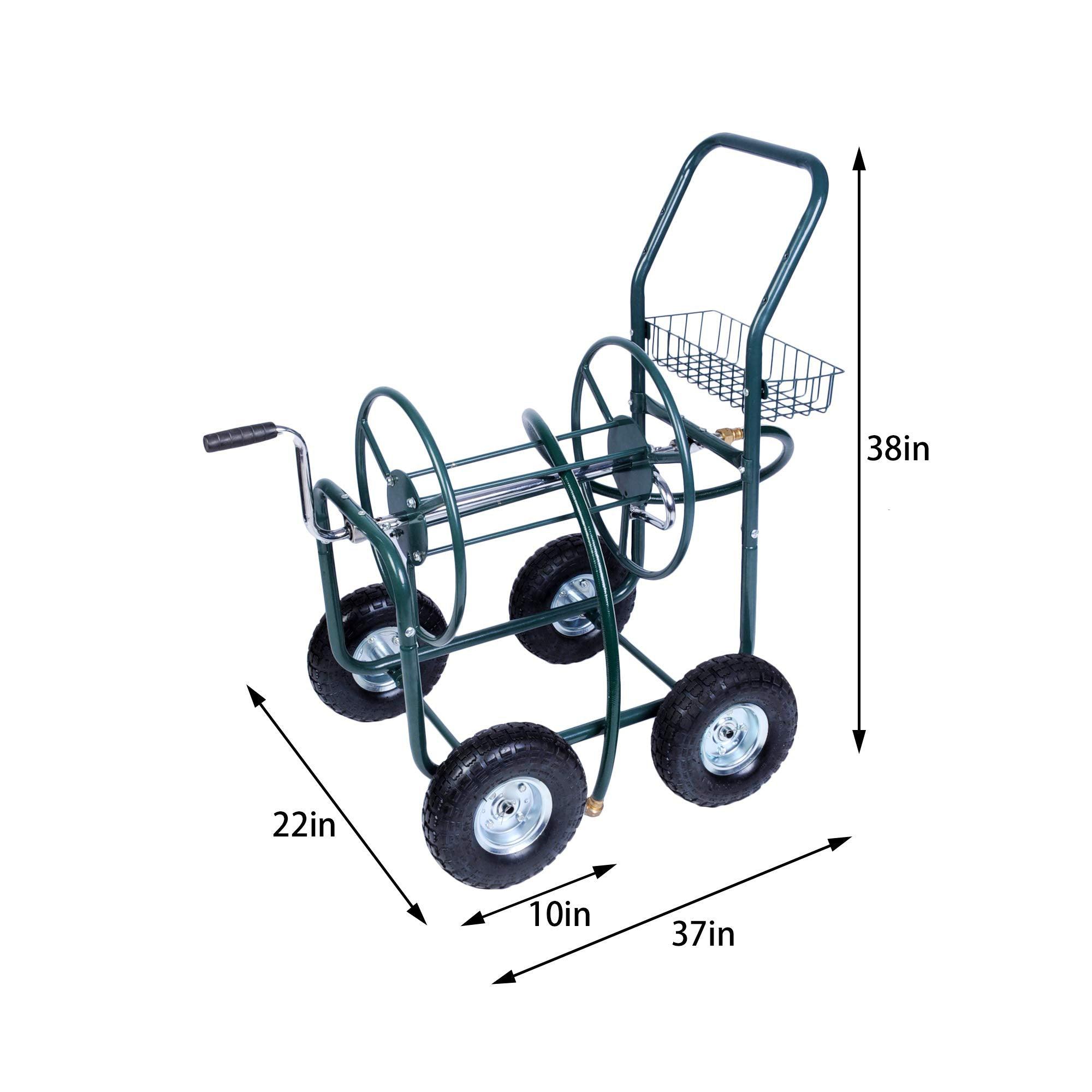 Portable Garden Hose Reel Cart with Wheels with Storage Basket Rust Resistant Water Hose Holder - Luckyermore