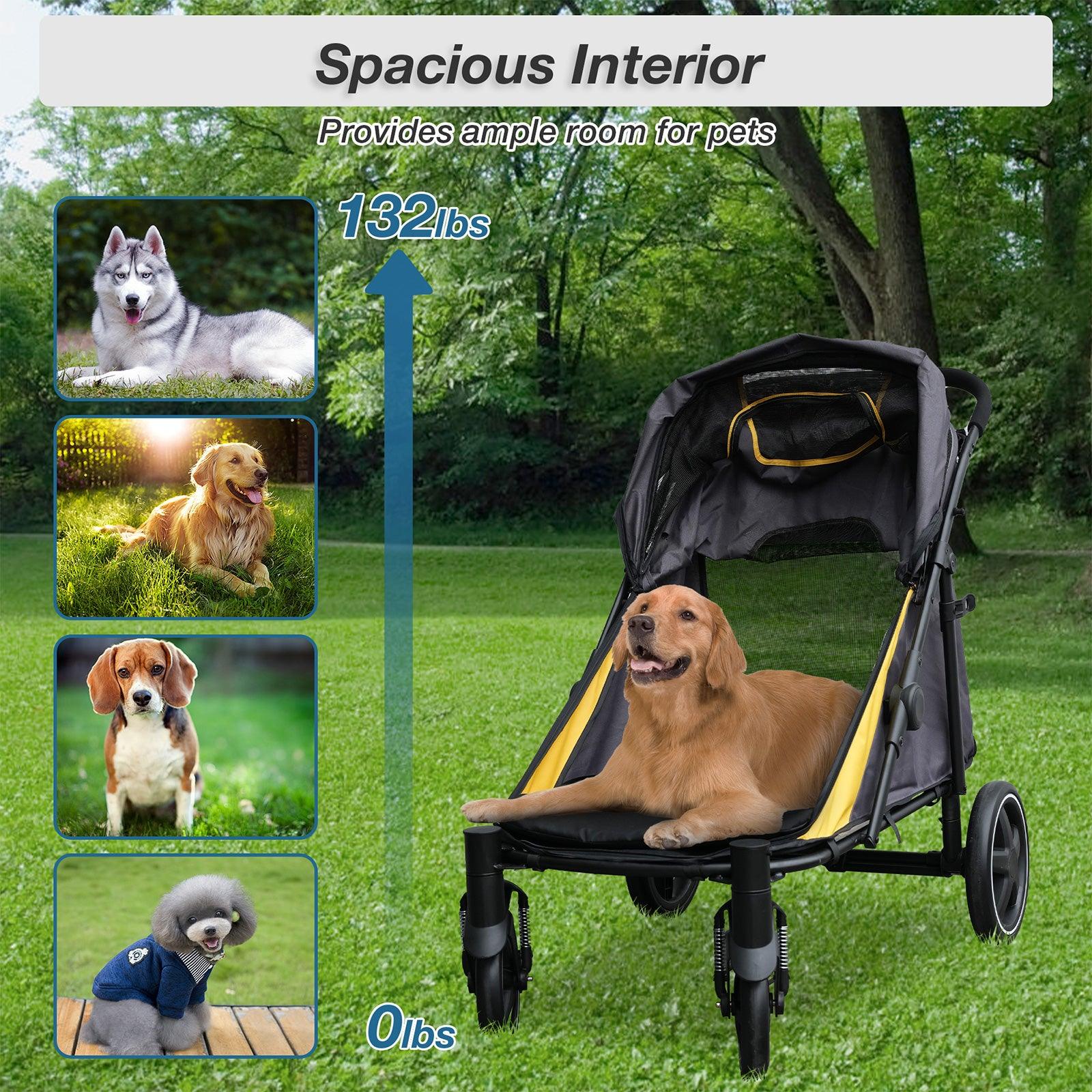 LUCKYERMORE Foldable Pet Stroller Travel Carrier with Storage Pocket, Breathable Mesh, Gray and Yellow