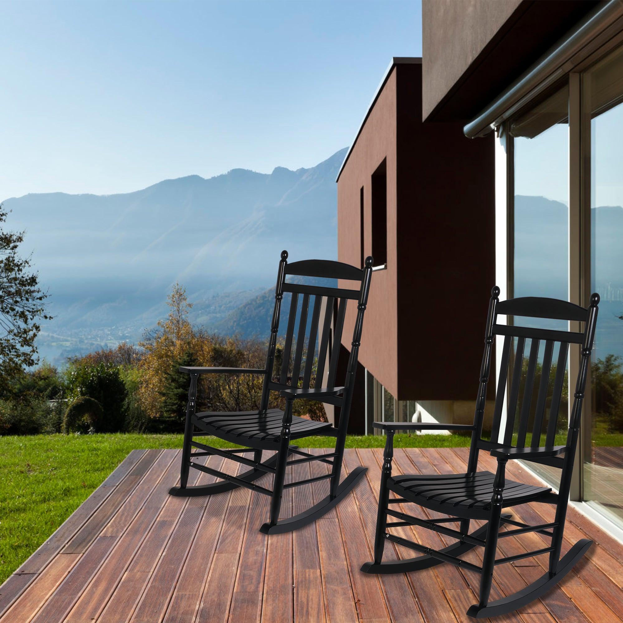 LUCKYERMORE Set of 2 Outdoor Rocking Chairs Wooden High Back Rocker with Armrest for Garden Patio, Black