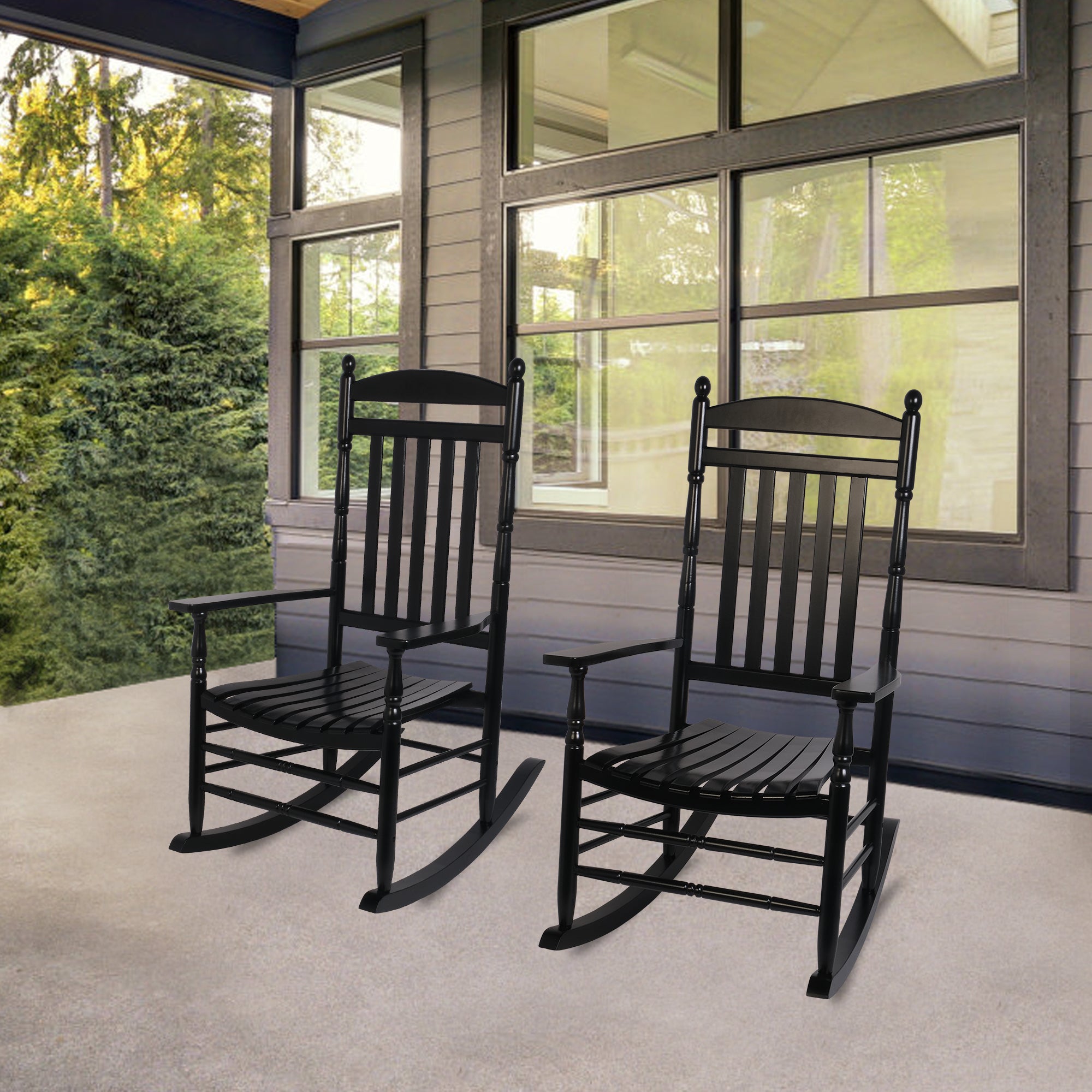 Set of 2 Outdoor Rocking Chairs Wooden High Back Rocker with Armrest for Garden Patio, Black