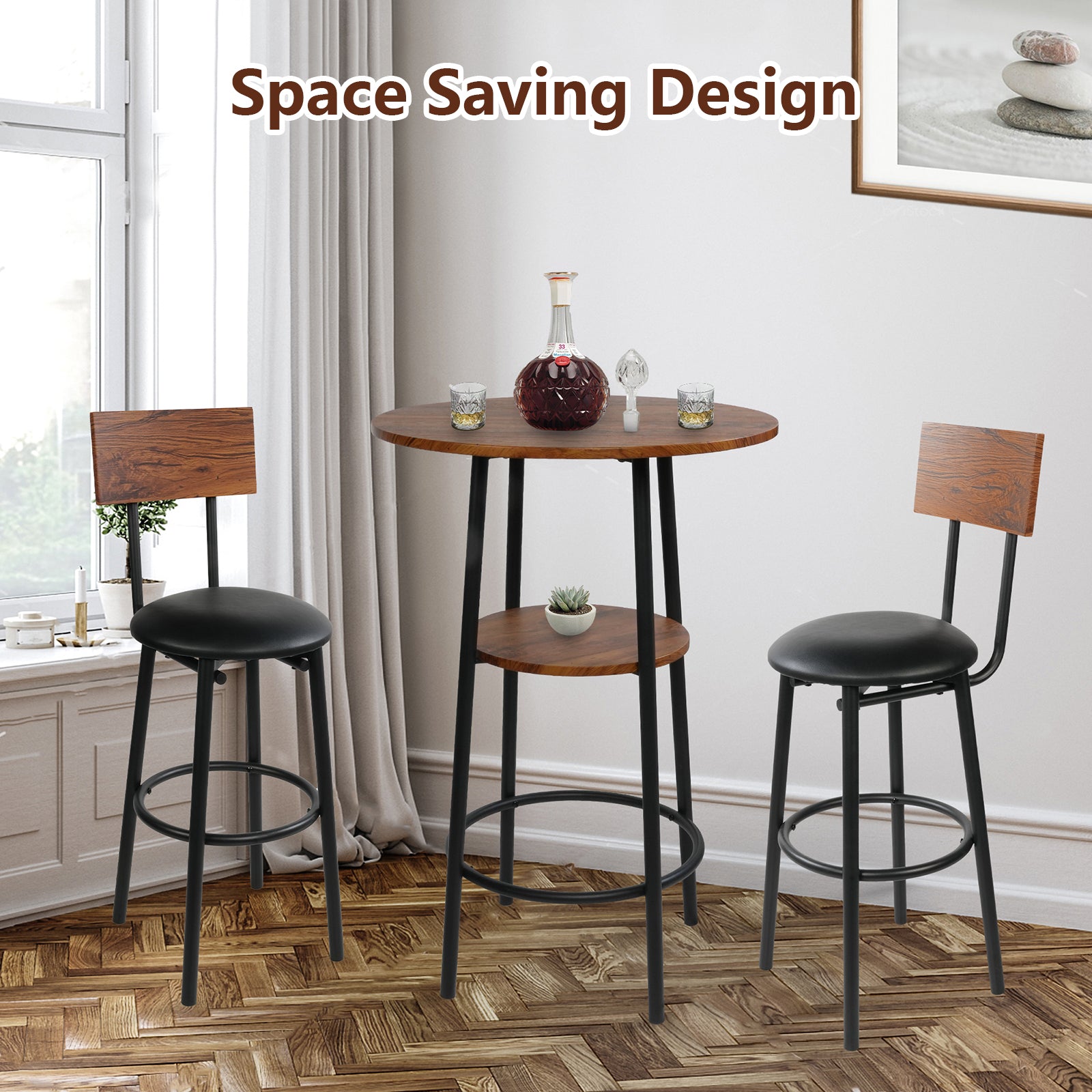 Round Bar Table Set, 2-Tier Table 23.6" for 2 with 2 Upholstered Bar Stools with Backrest