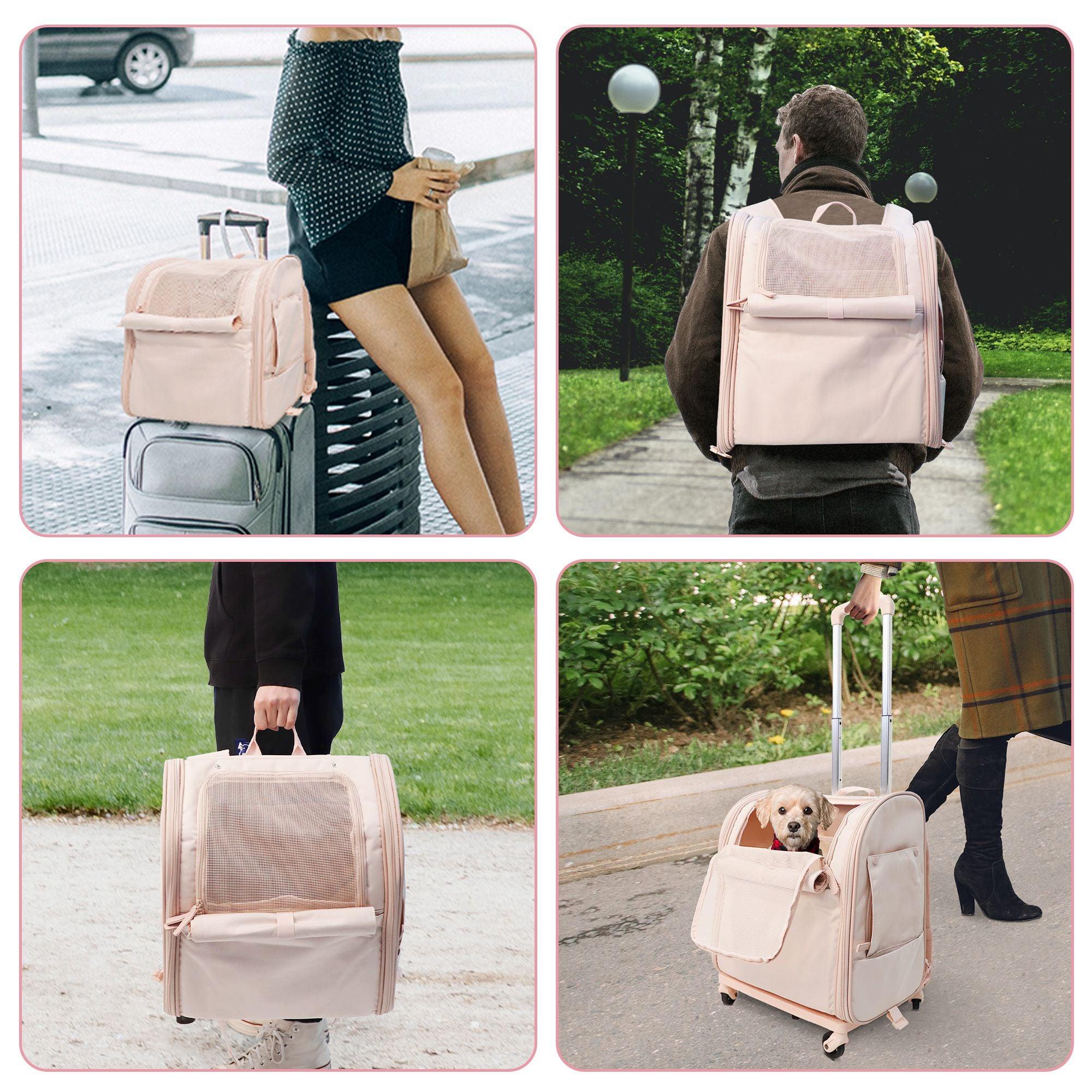 Pet Backpack with Wheels Dog Cat Travel Carrier Bag with Telescopic Handle, Pink - Luckyermore