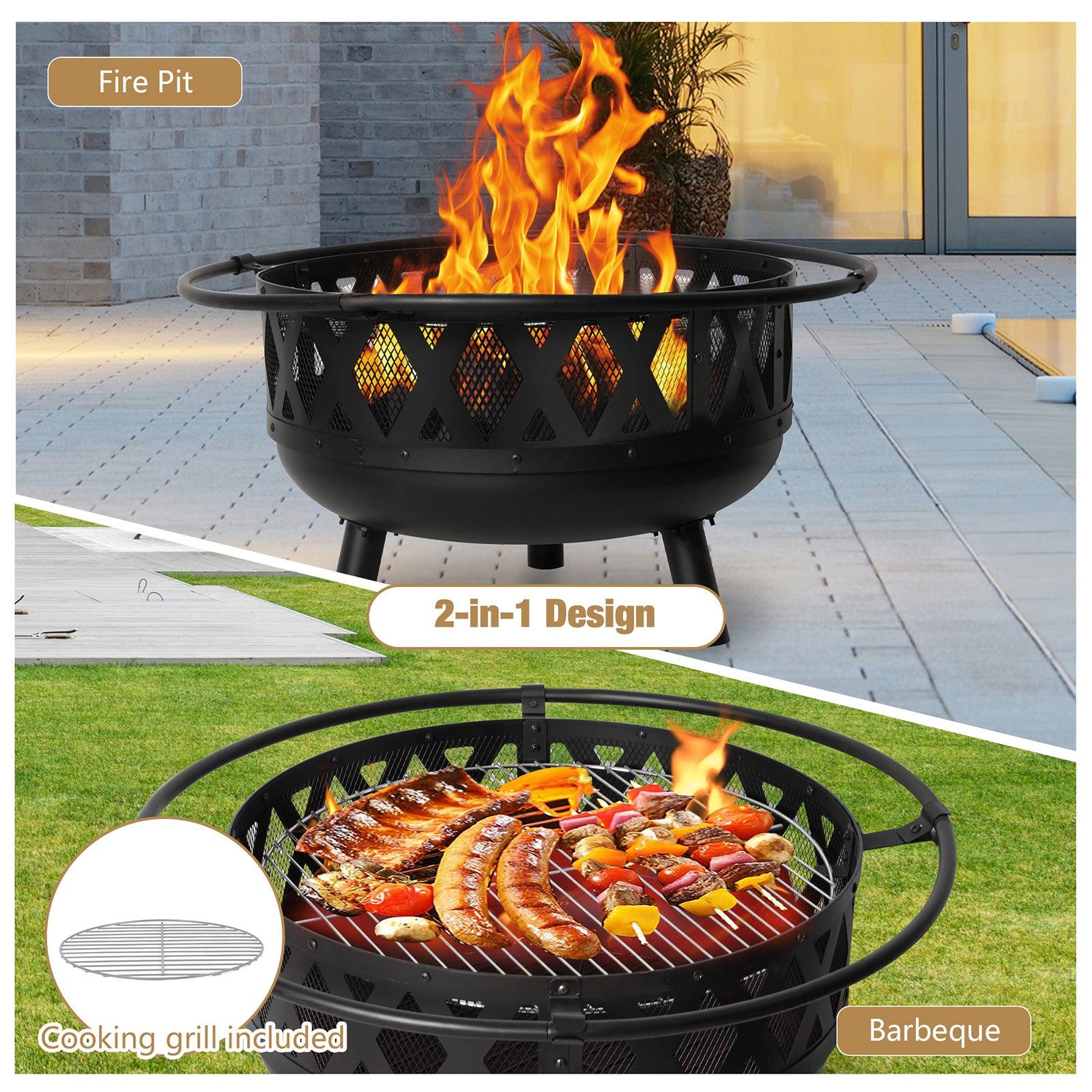 22.8" Round Outdoor Wood Burning Fire Pit with Steel BBQ Grill, Spark Screen and Poker