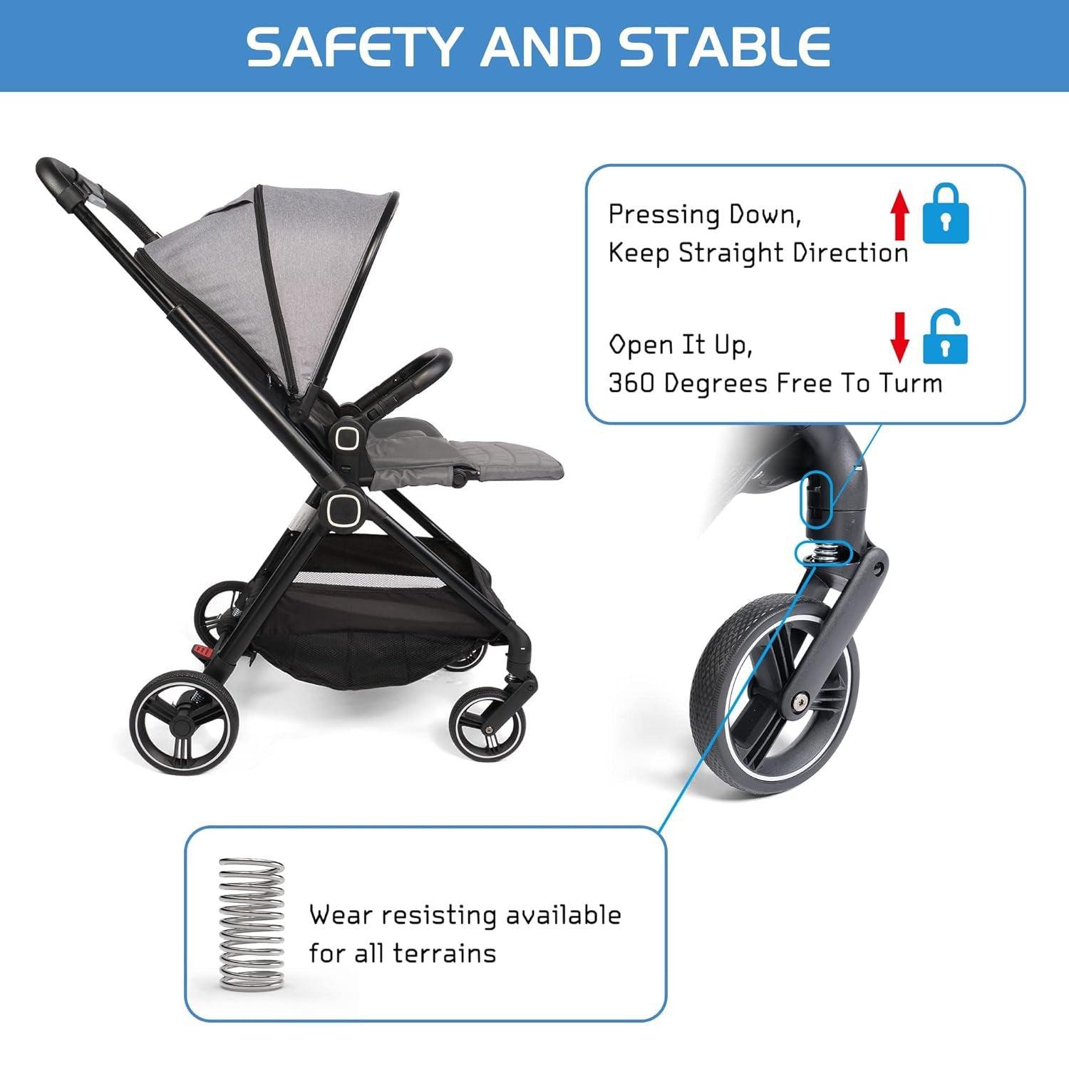 Easy Fold Baby Stroller Lightweight High Landscape Infant Pushchair with Reversible Seat, Gray - Luckyermore