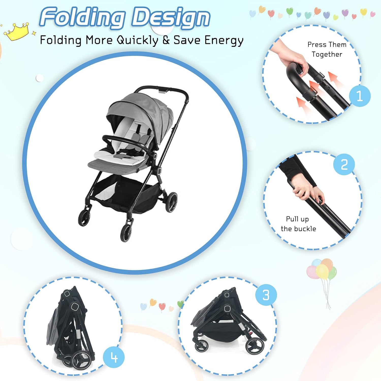 Easy Fold Baby Stroller Lightweight High Landscape Infant Pushchair with Reversible Seat, Gray
