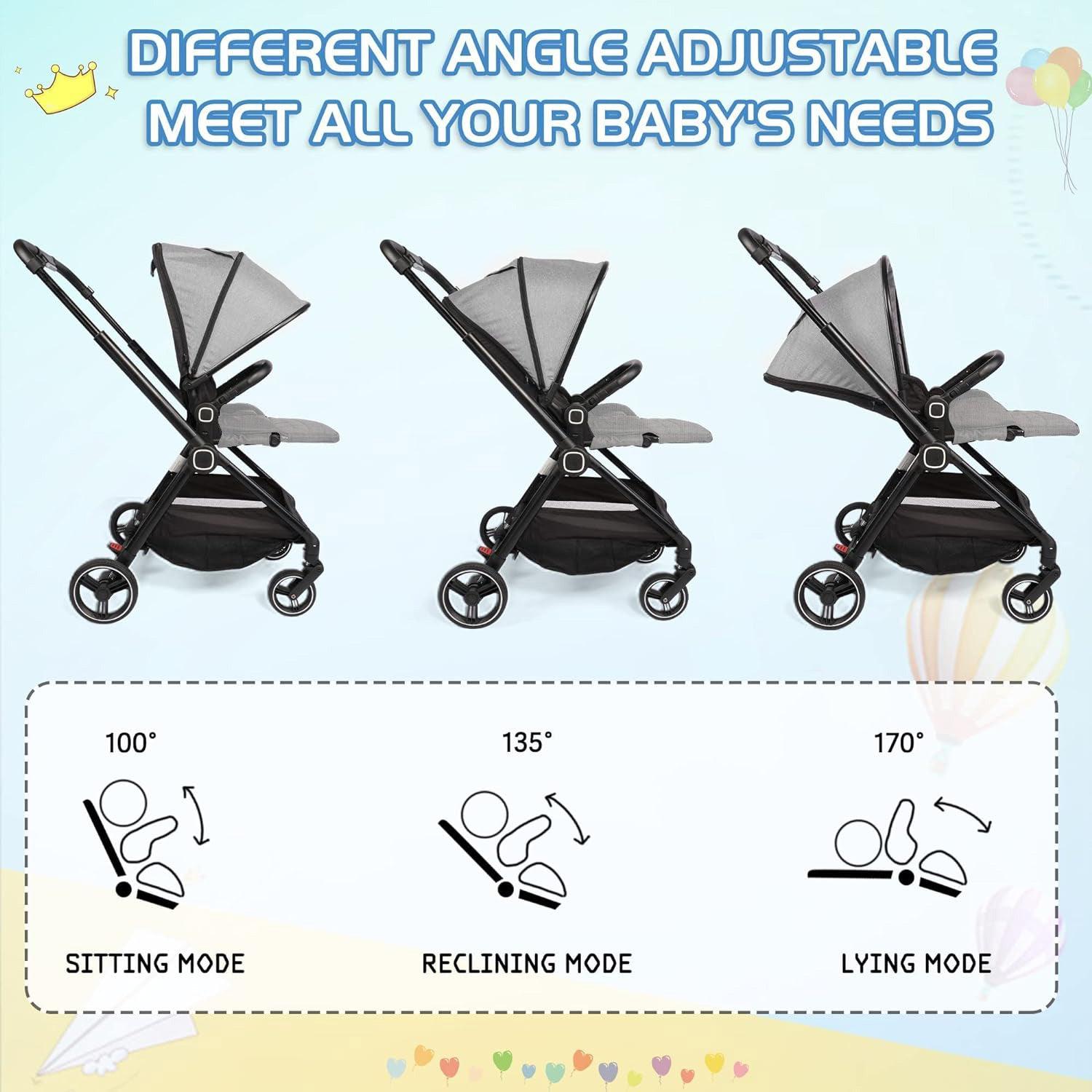Easy Fold Baby Stroller Lightweight High Landscape Infant Pushchair with Reversible Seat, Gray - Luckyermore