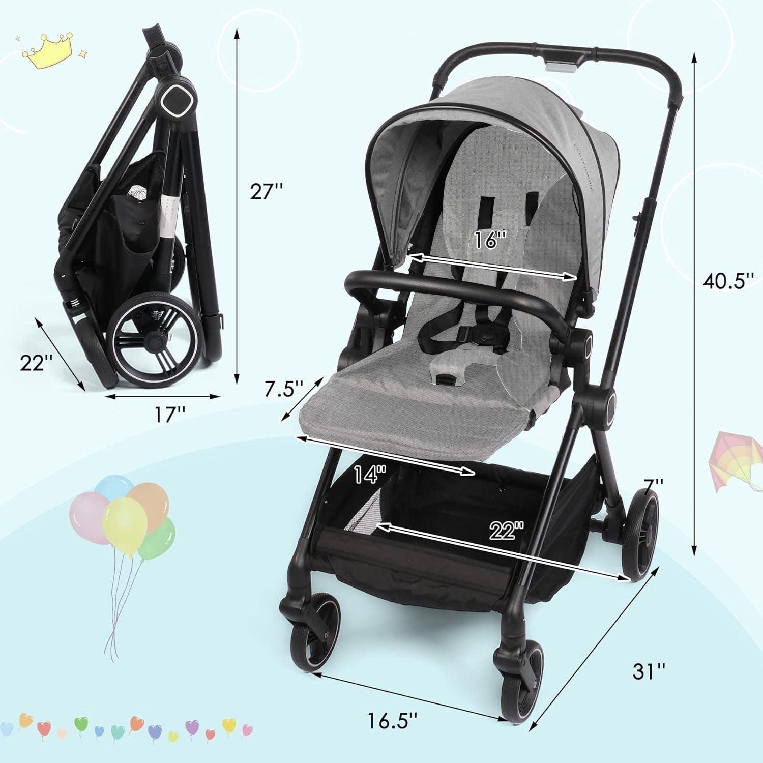 Easy Fold Baby Stroller Lightweight High Landscape Infant Pushchair with Reversible Seat, Gray - Luckyermore
