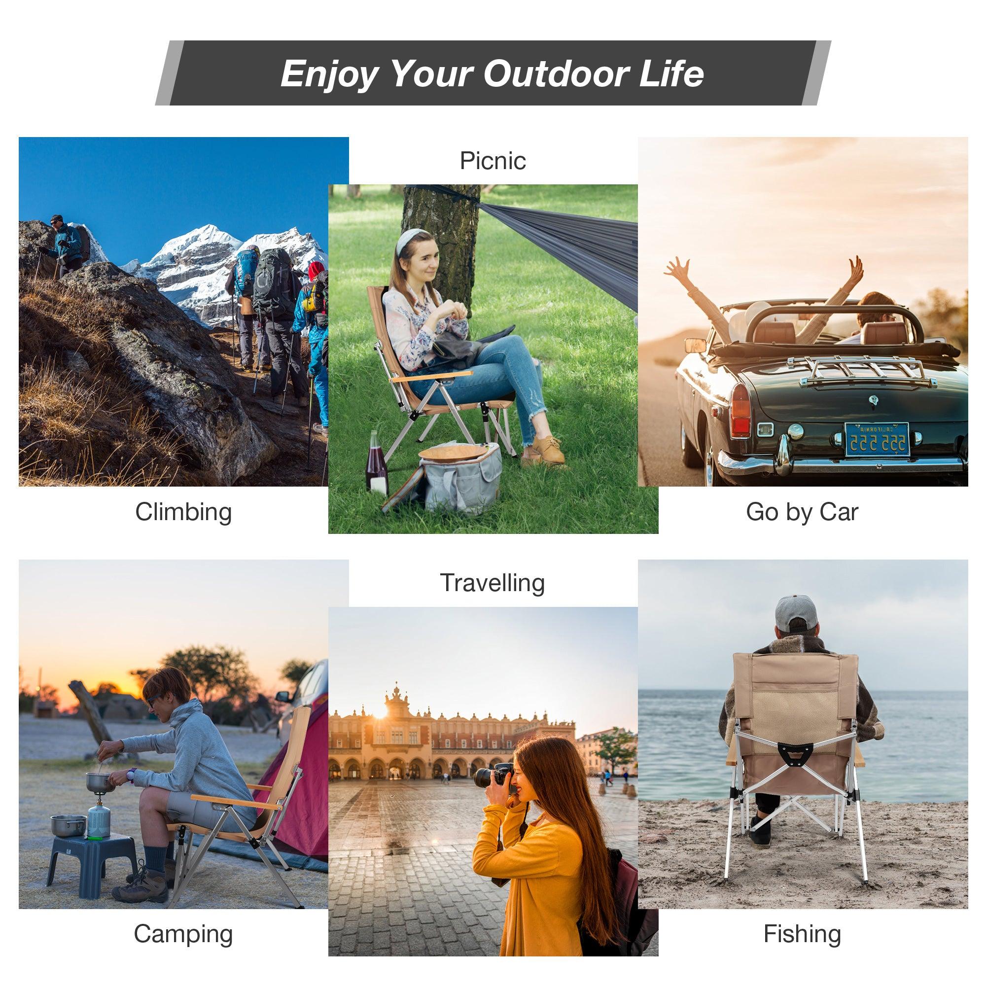 Portable Folding Camping Chair with 3 Positions Adjustable Wooden Armrest Aluminum Frame, Beige - Luckyermore