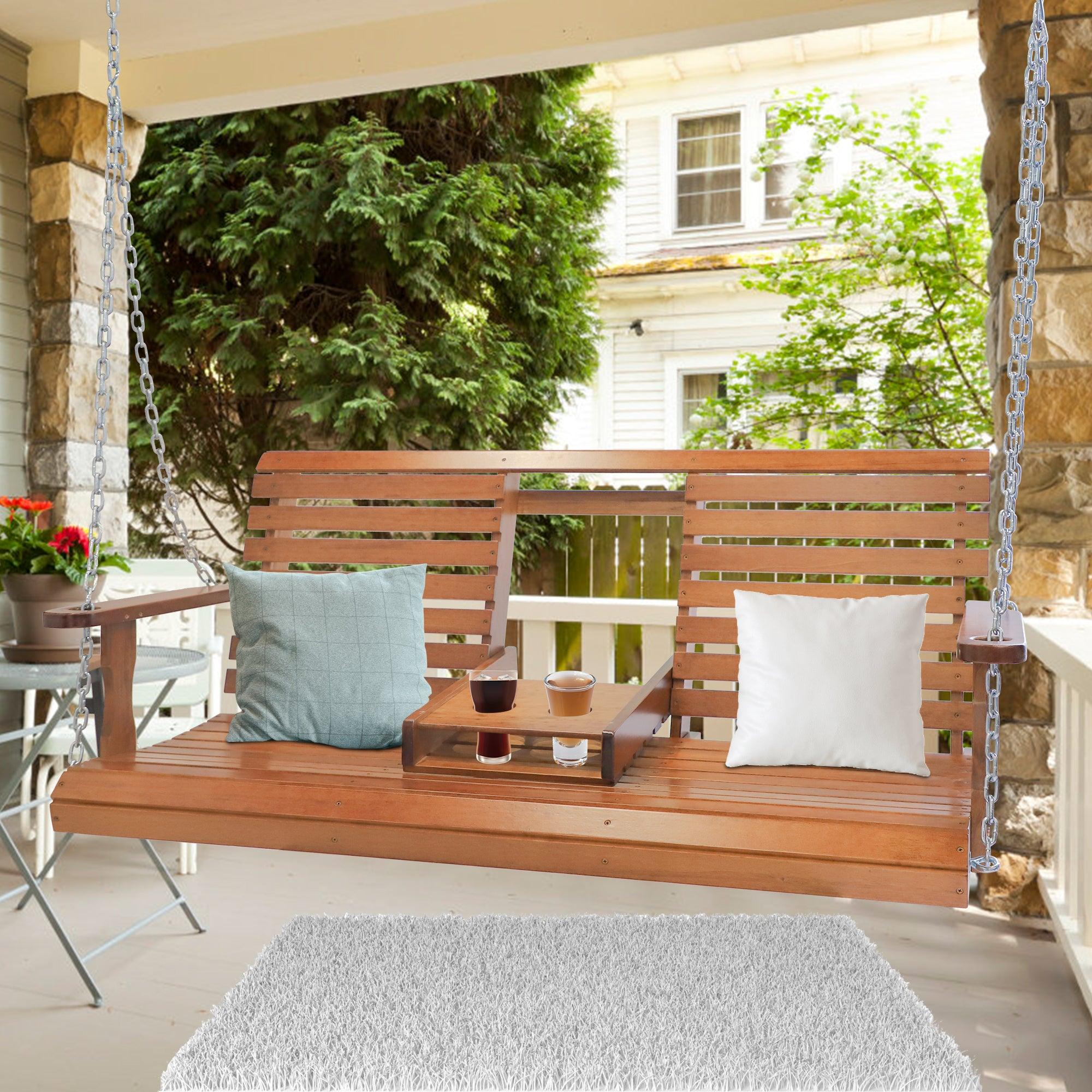LUCKYERMORE Outdoor Wooden Porch Swing 55" for 2-3 Garden Patio Hanging Chair