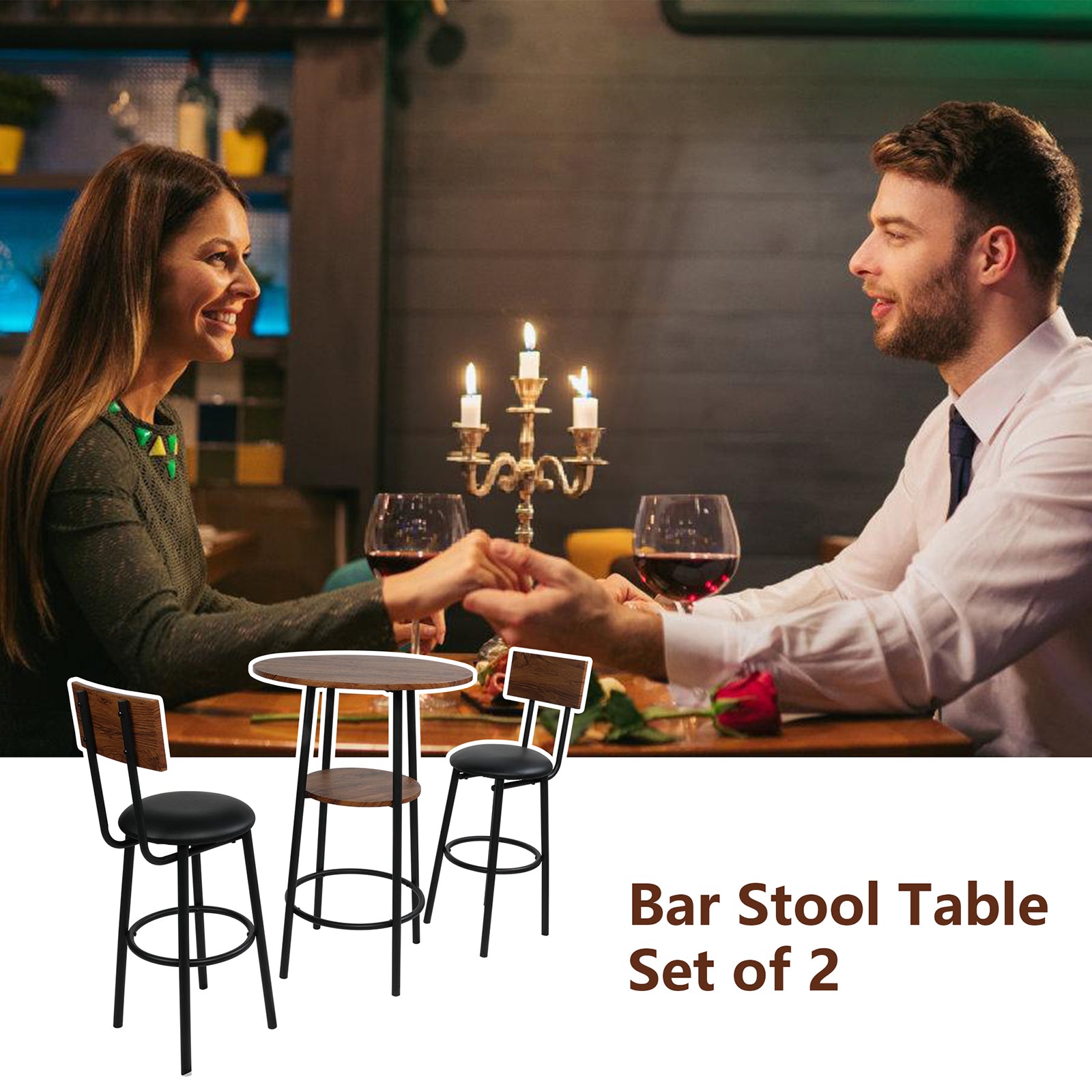 Round Bar Table Set, 2-Tier Table 23.6" for 2 with 2 Upholstered Bar Stools with Backrest