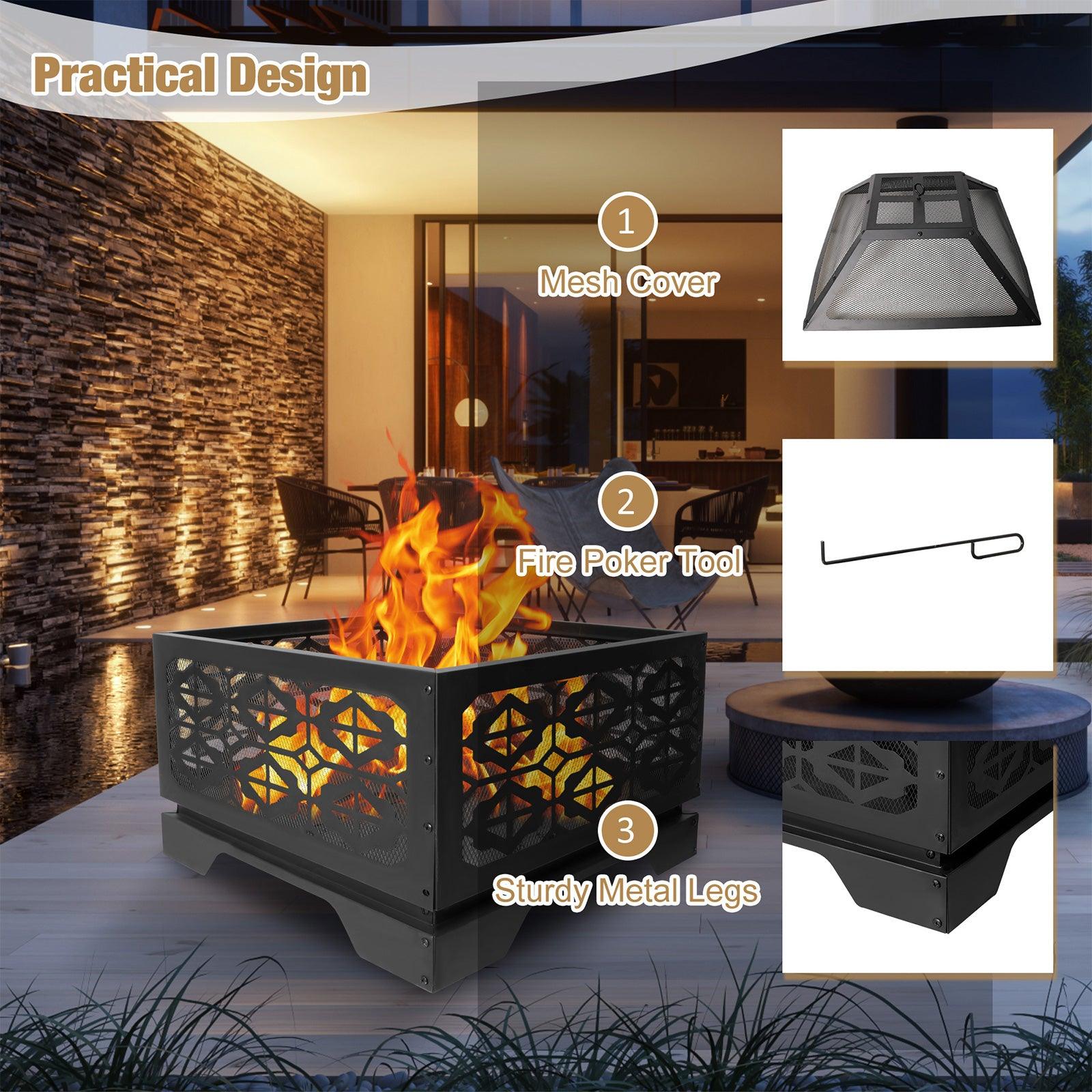 26" Square Outdoor Wood Burning Fire Pit with Steel BBQ Grill, Spark Screen and Poker