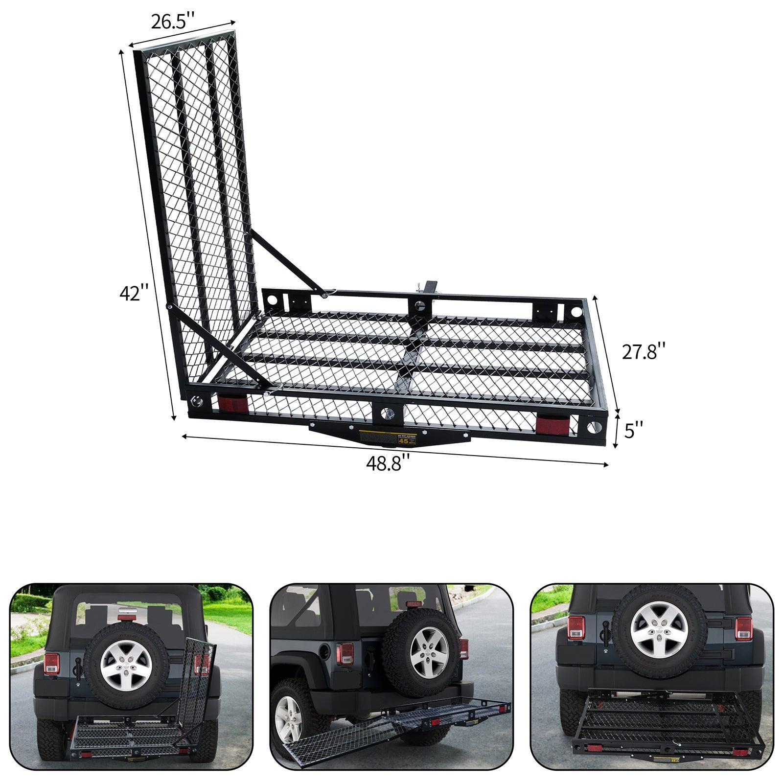 LUCKYERMORE 48.8"x 27.8" Hitch Mount Cargo Carrier Trailer Utility Basket with 42" Folding Wheelchair Ramp, Black