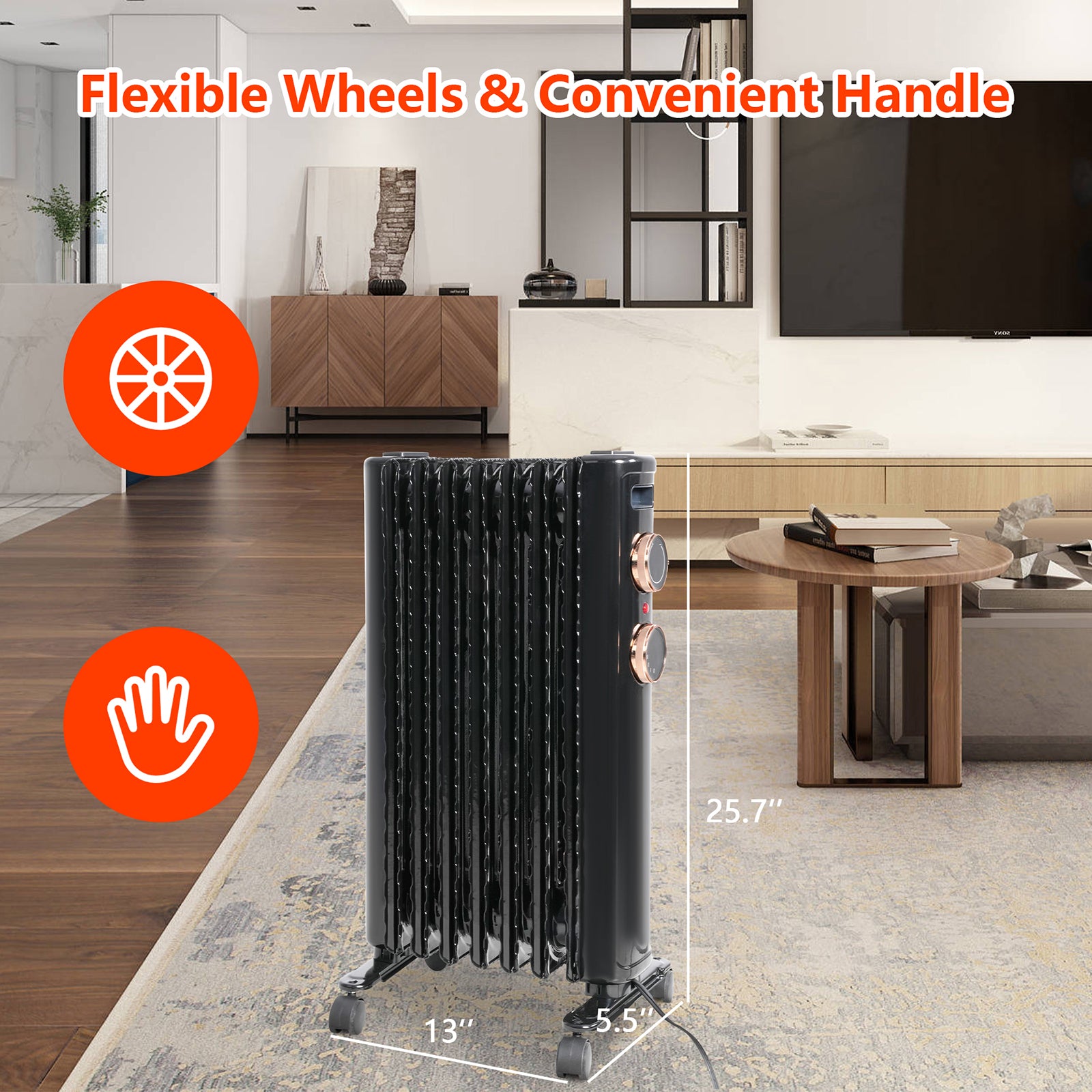1500W Oil Filled Radiator Heater with 3 Heating Modes Portable Electric Space Heater, Black