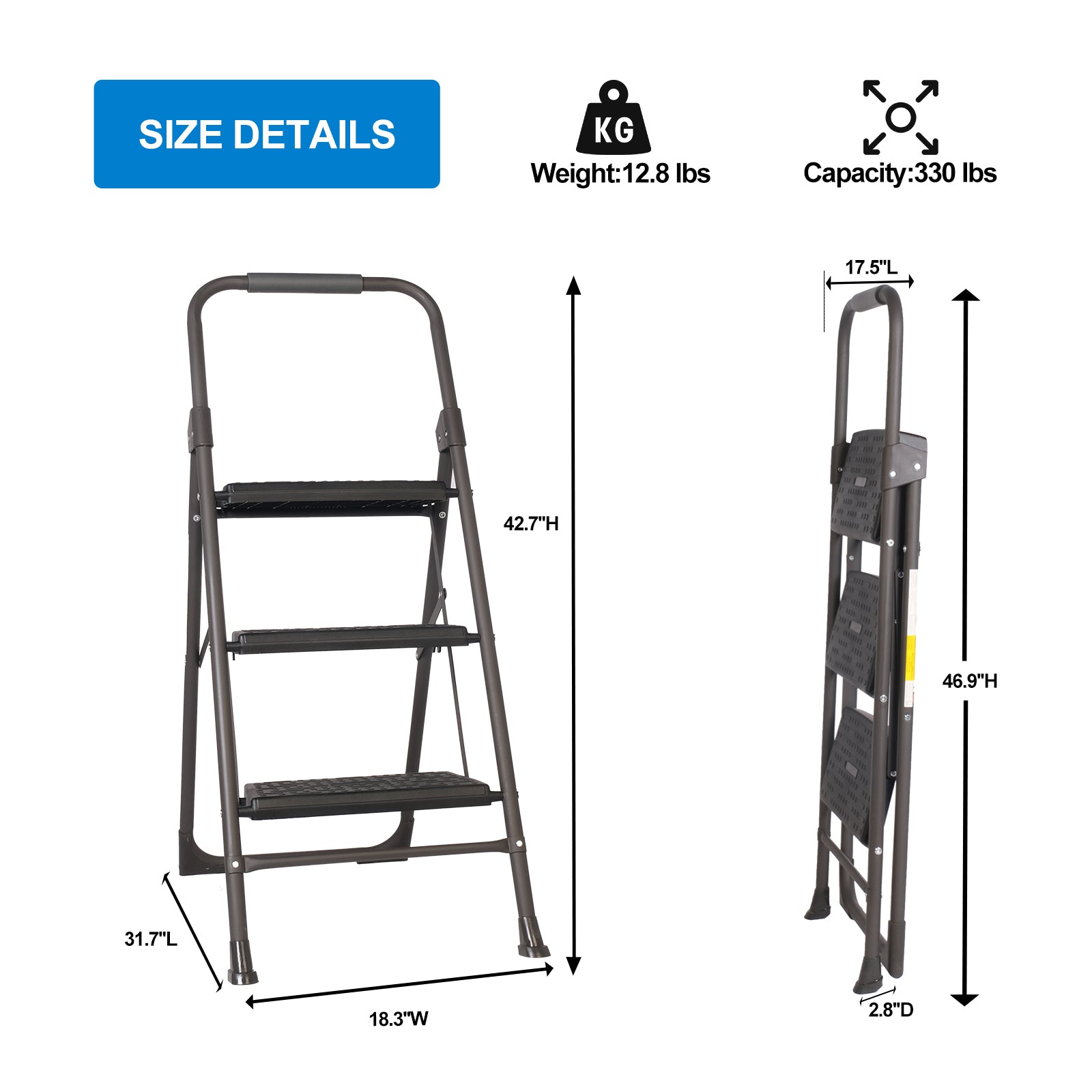 3 Step Portable Folding Ladder Step Stool with Wide Anti-Slip Pedal and Handgrip