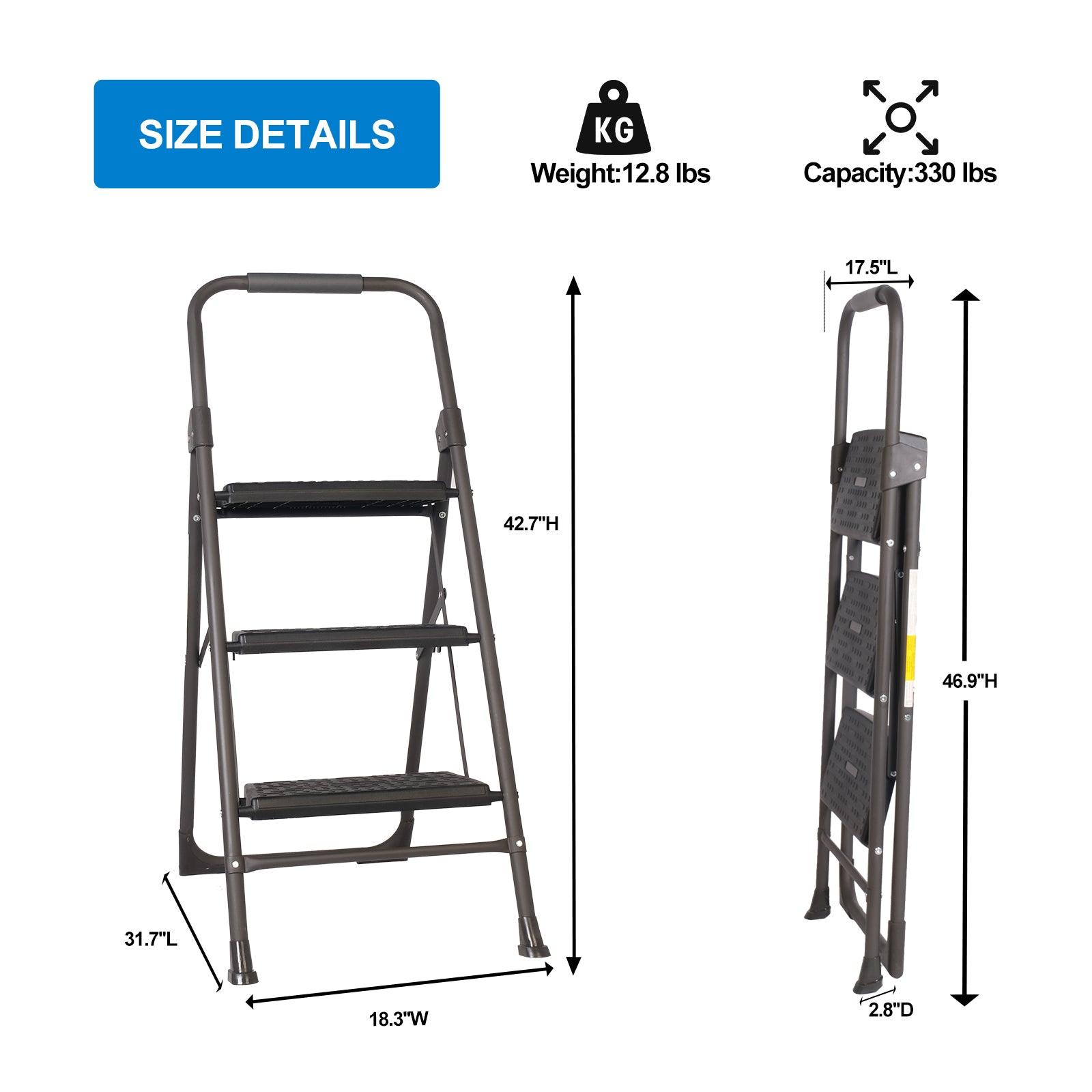 3 Step Portable Folding Ladder Step Stool with Wide Anti-Slip Pedal and Handgrip - Luckyermore