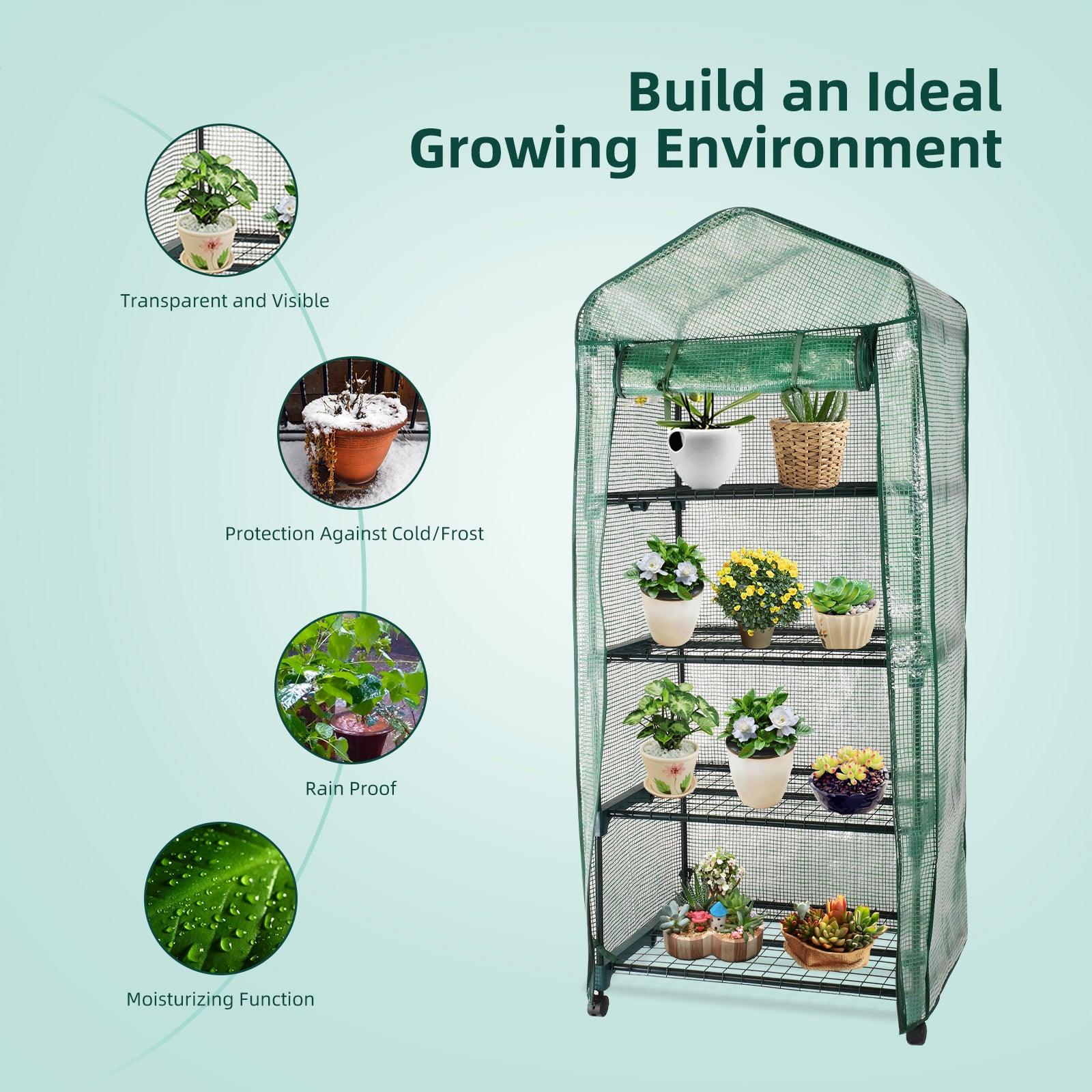 4 Tiers Mini Greenhouse with Caster Wheels Portable Outdoor Planter House - Luckyermore