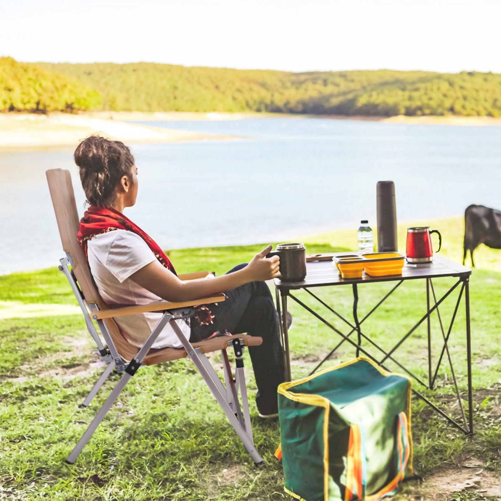 Portable Folding Camping Chair with 3 Positions Adjustable Wooden Armrest Aluminum Frame, Beige - Luckyermore