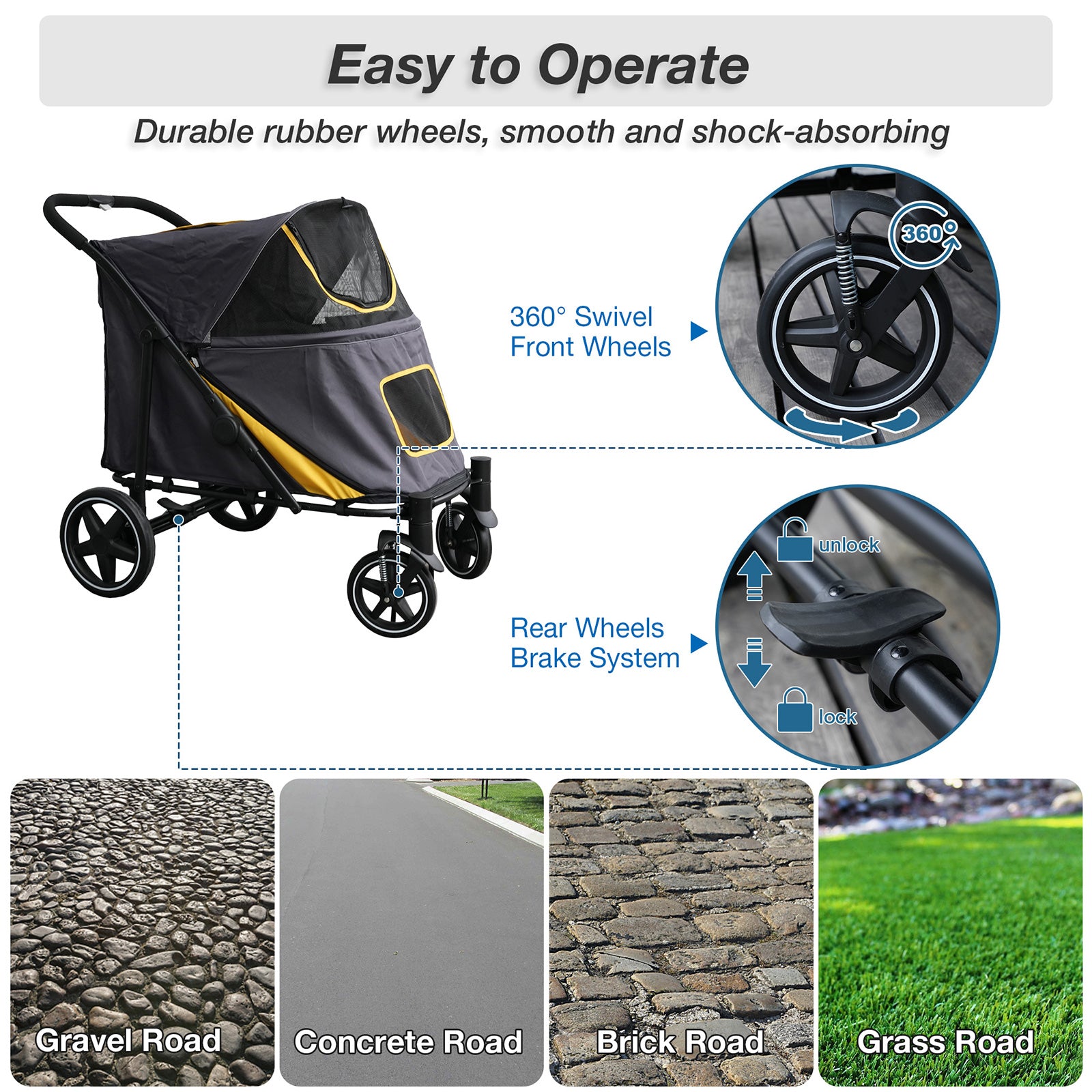 Foldable Pet Stroller Travel Carrier with Storage Pocket, Breathable Mesh, Gray and Yellow