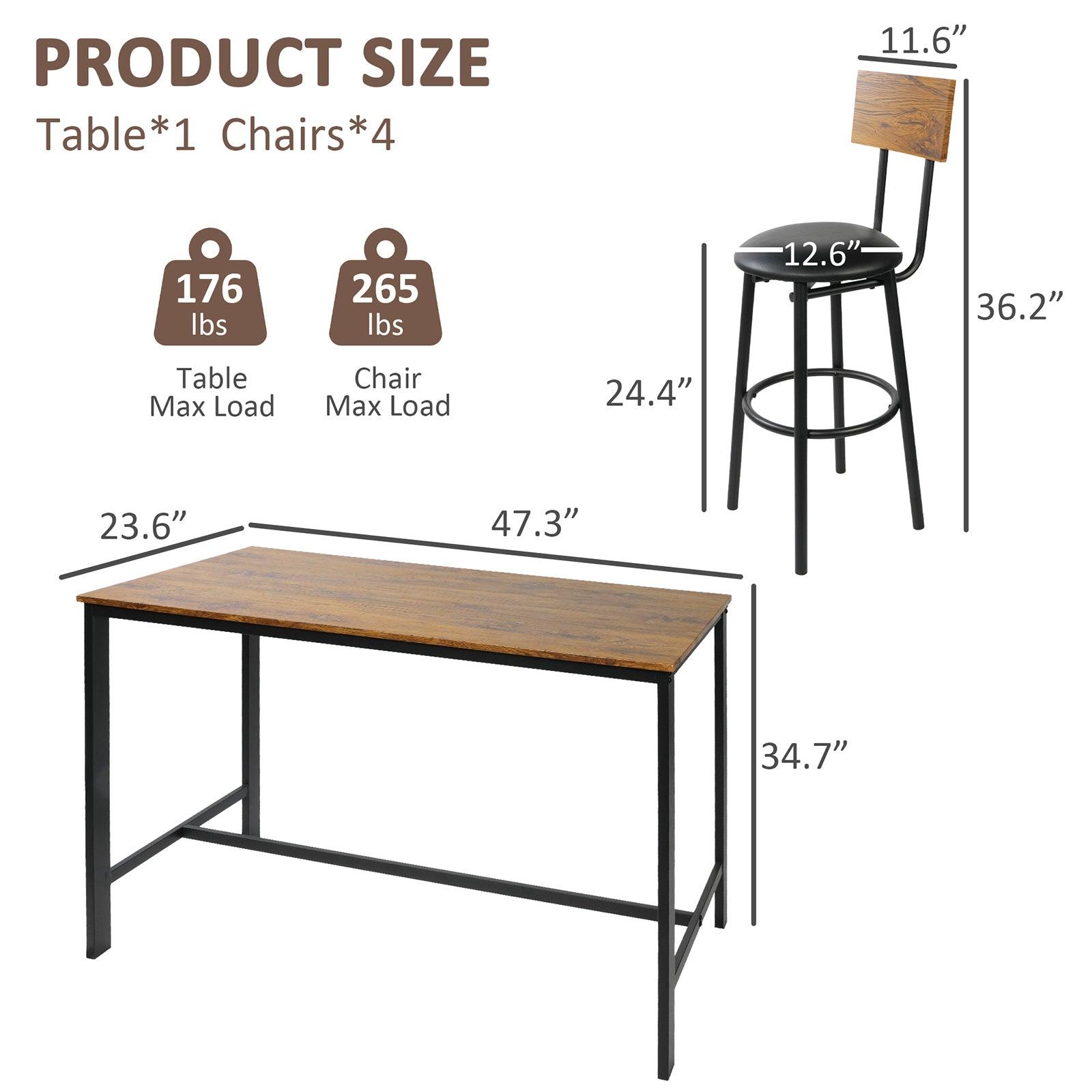 5 Piece Dining Bar Table Set, 1 Bar Table 47.3" for 4 with 4 Upholstered Bar Stools